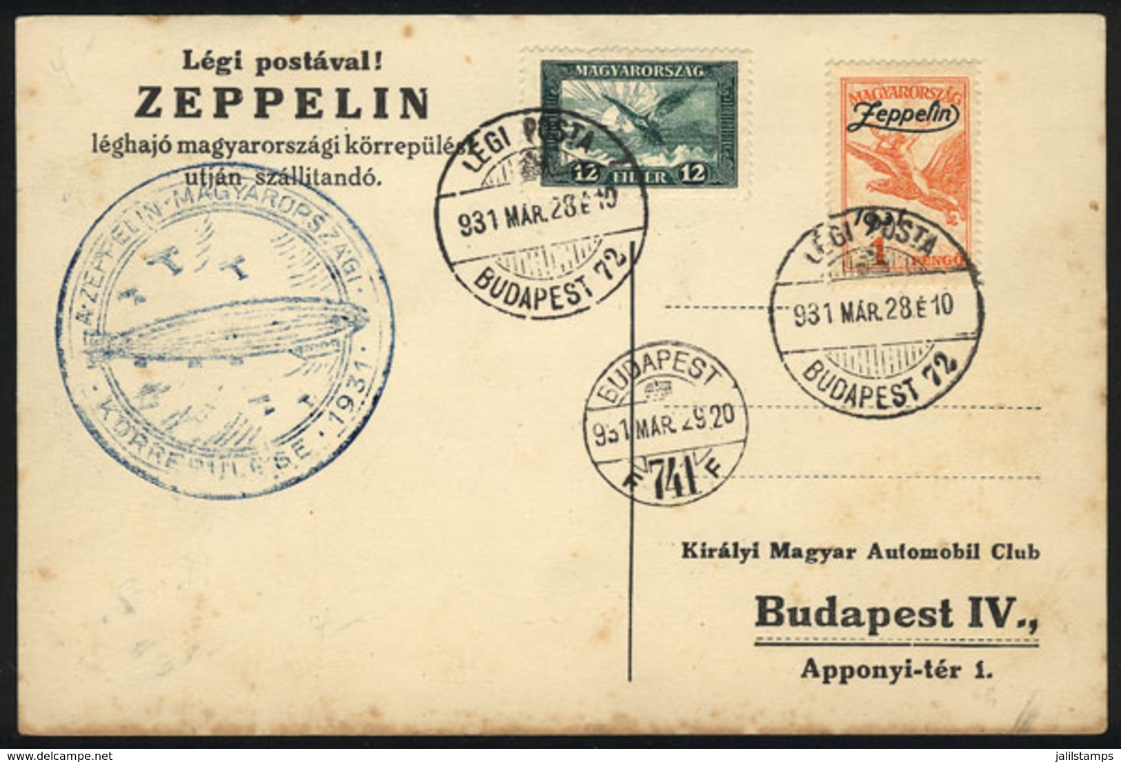 HUNGARY: Card Flown By ZEPPELIN On 28/MAR/1931, Franked By Sc.C24 + Another Value, Minor Stain Spots Else VF Quality! - Other & Unclassified