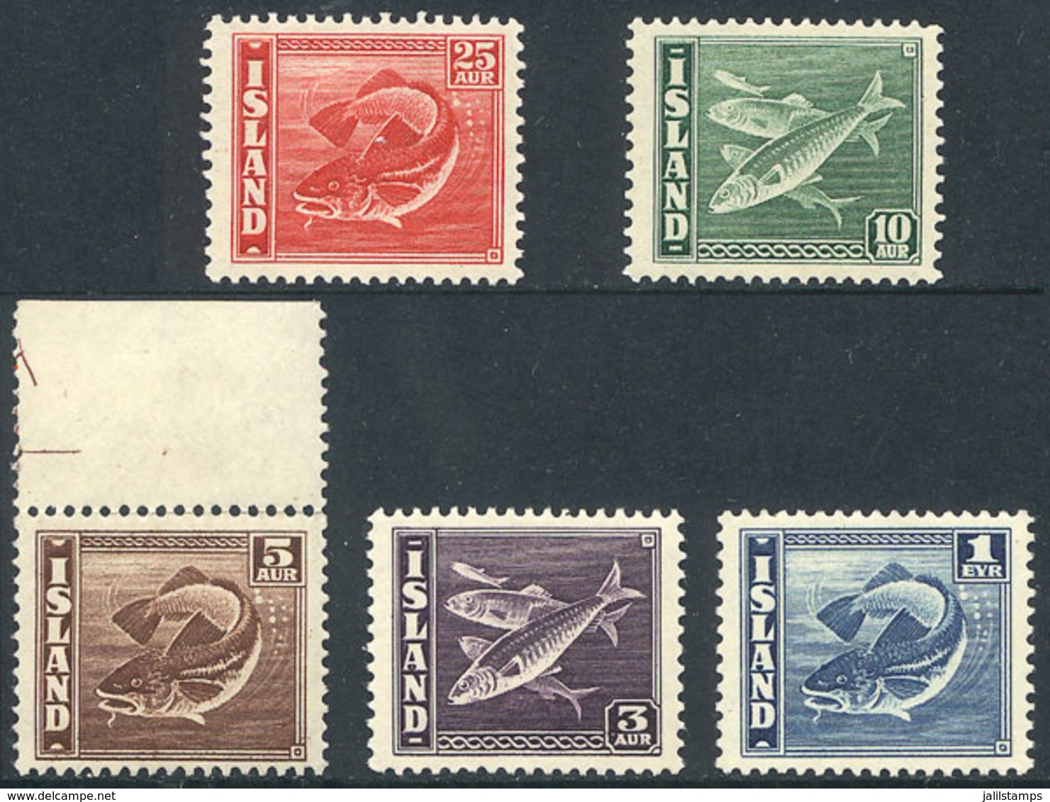 ICELAND: Sc.217a + 218a + 219c + 221b + 224b, 1939/45 The Set Of 5 Values With Perforation 14 X 13½, Unmounted, Excellen - Autres & Non Classés