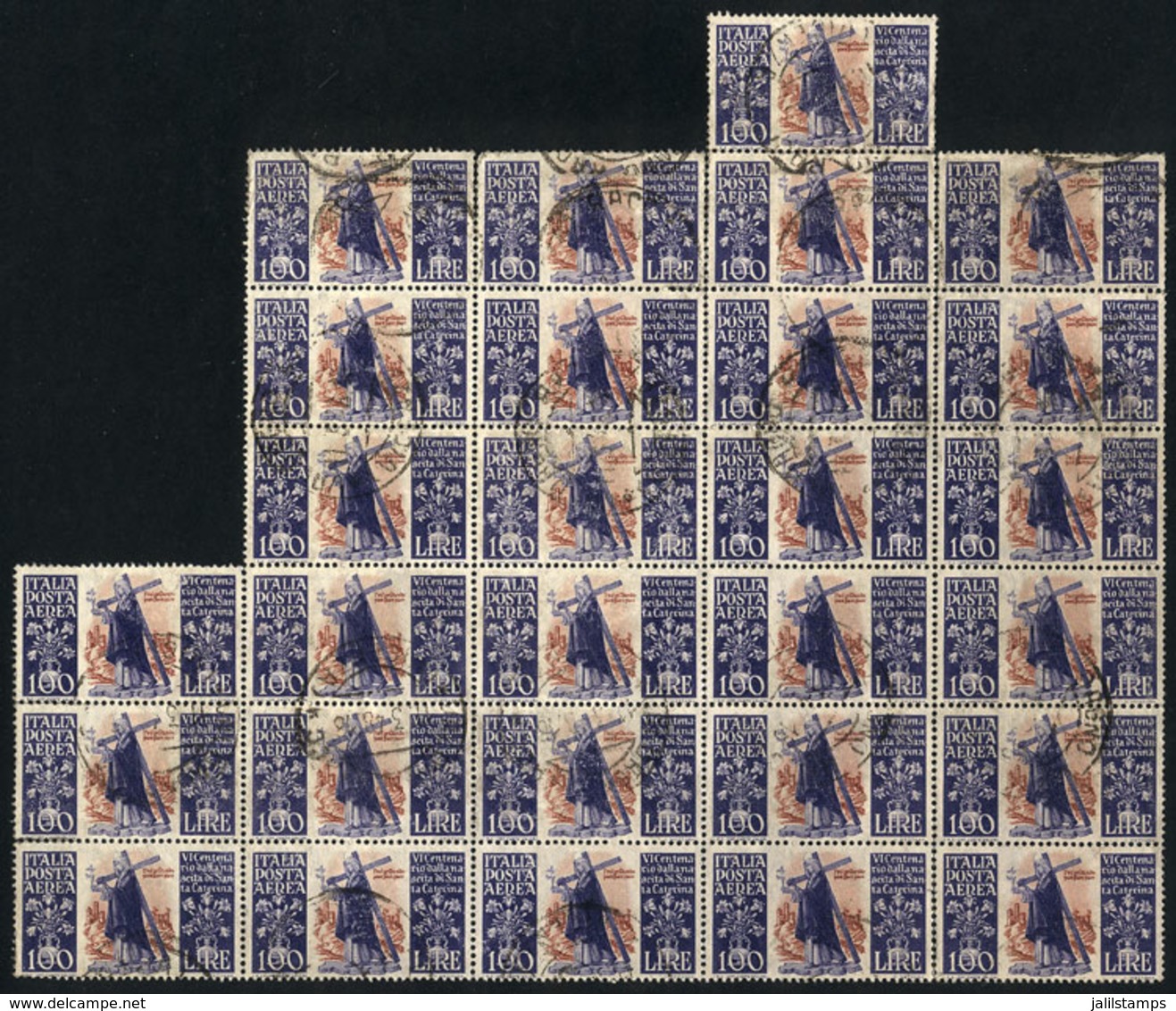 ITALY: Sc.127, 1948 100L. Sta. Catherina, Used Block Of 28 Stamps, 7 Examples With Minor Defects And 21 Of Very Fine Qua - Sin Clasificación