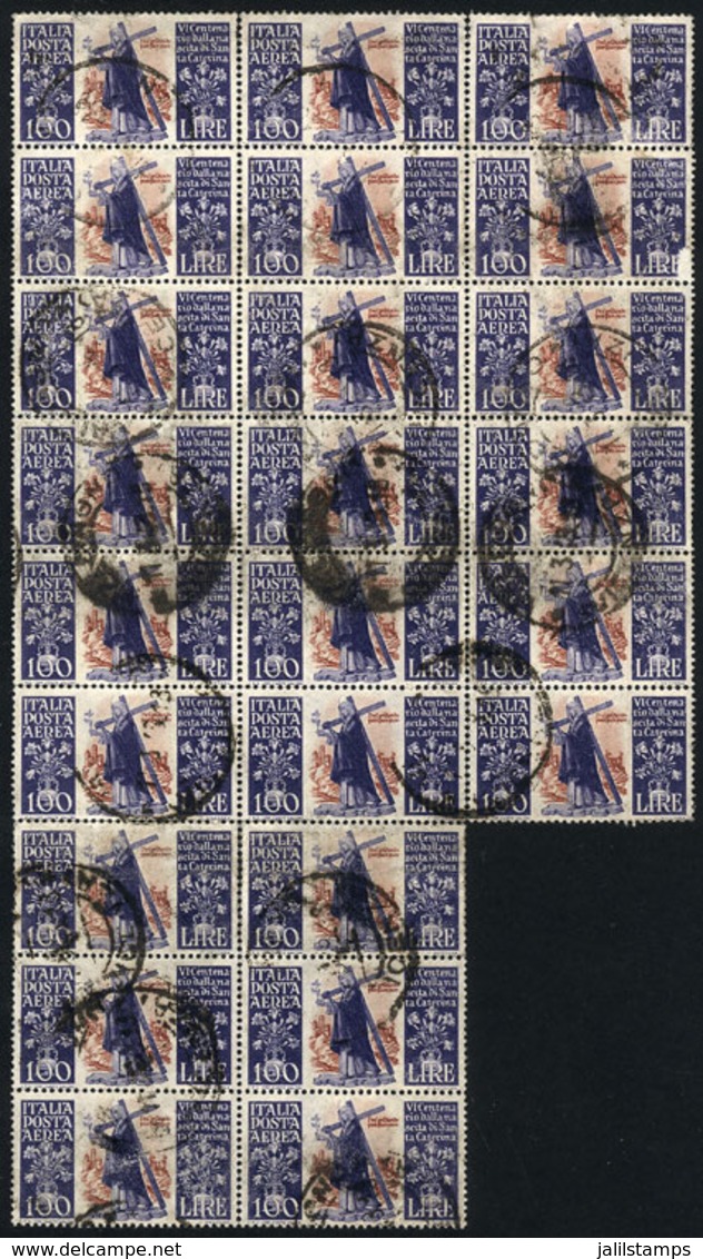 ITALY: Sc.127, 1948 100L. Sta. Catherina, Used Block Of 24 Stamps, 8/9 Examples With Minor Defects And The Rest Of VF Qu - Unclassified