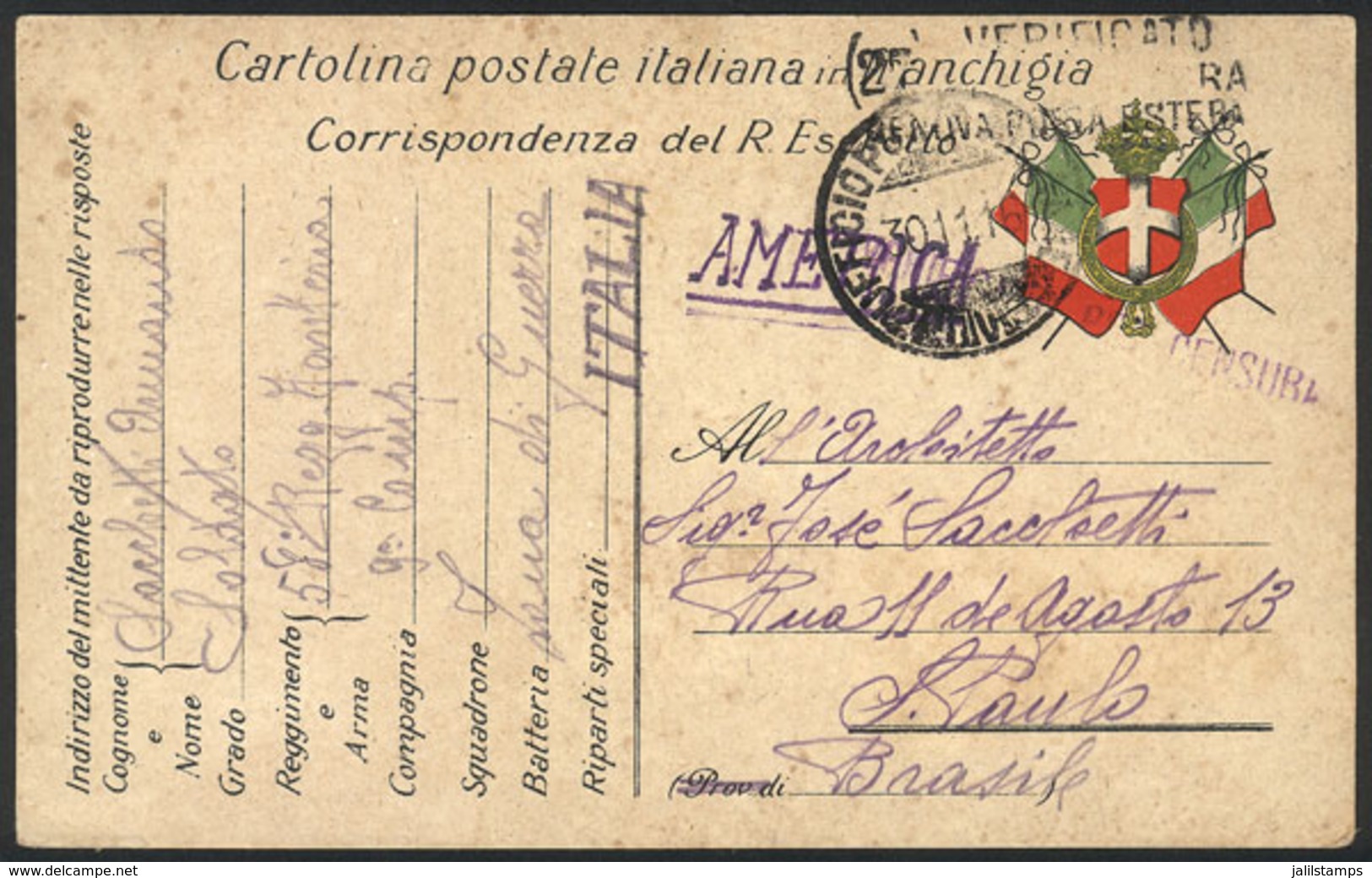 ITALY: Card With Military Postal Franchise Sent By A Soldier At The War Front To BRAZIL On 30/NO/1916, VF, Rare Destinat - Non Classés