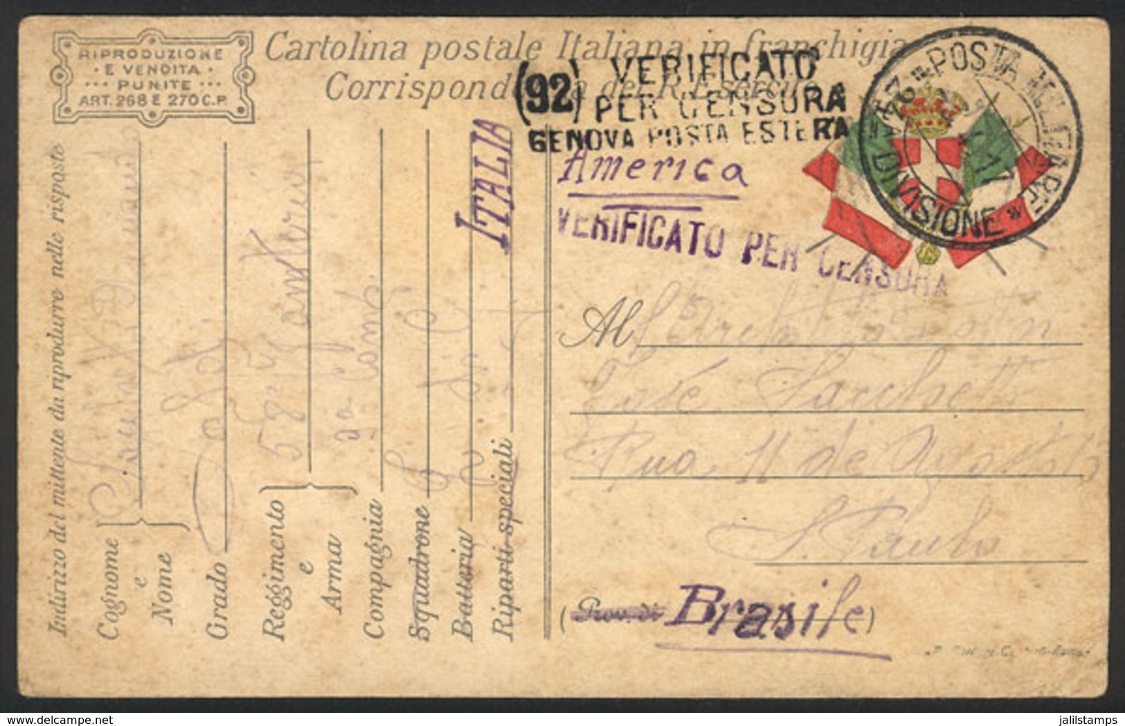 ITALY: Card With Military Postal Franchise Sent By A Soldier At The War Front To BRAZIL On 6/AP/1917, VF, Rare Destinati - Unclassified
