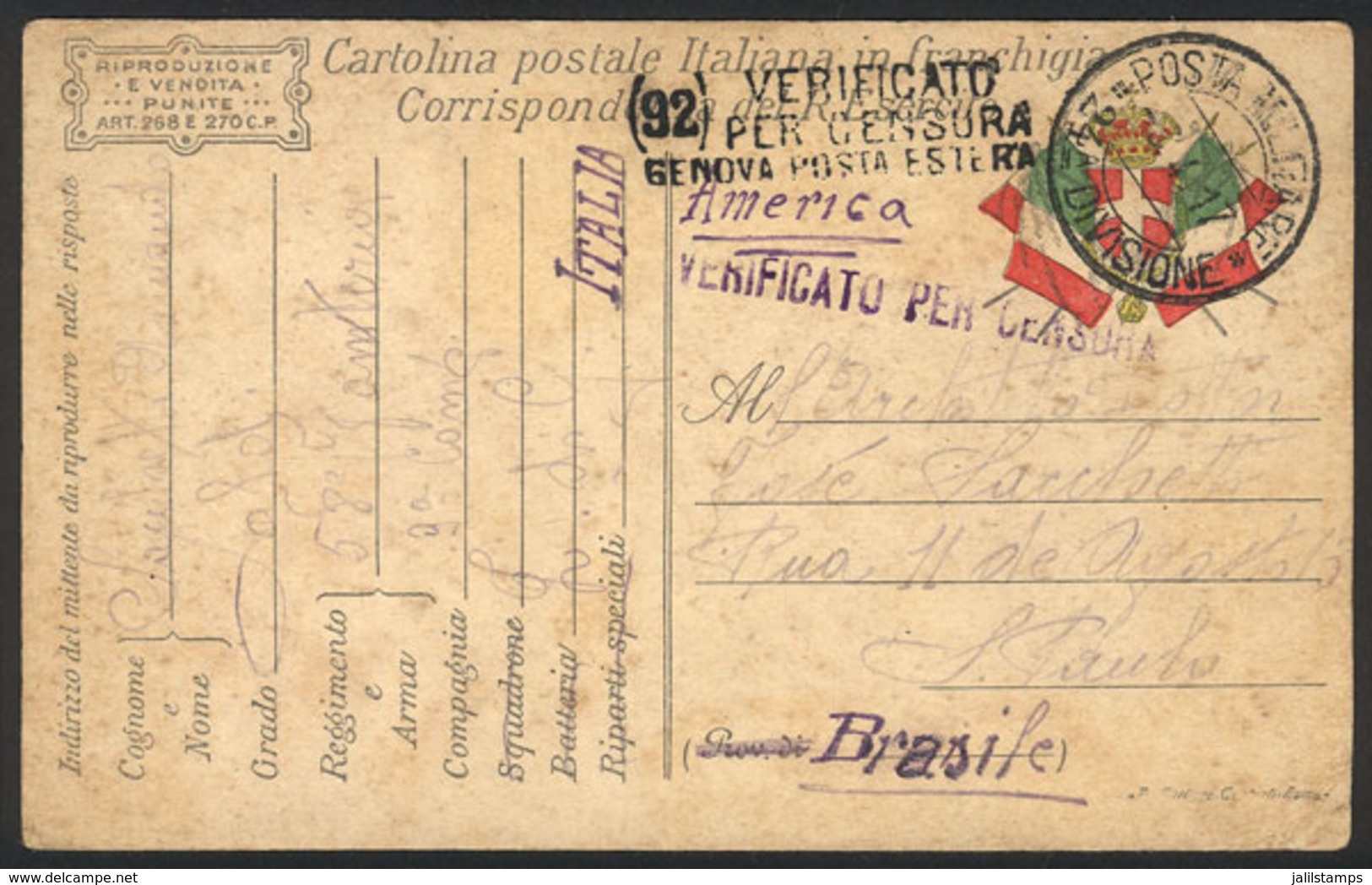 ITALY: Card With Military Postal Franchise Sent By A Soldier At The War Front To BRAZIL On 6/AP/1917, VF, Rare Destinati - Zonder Classificatie