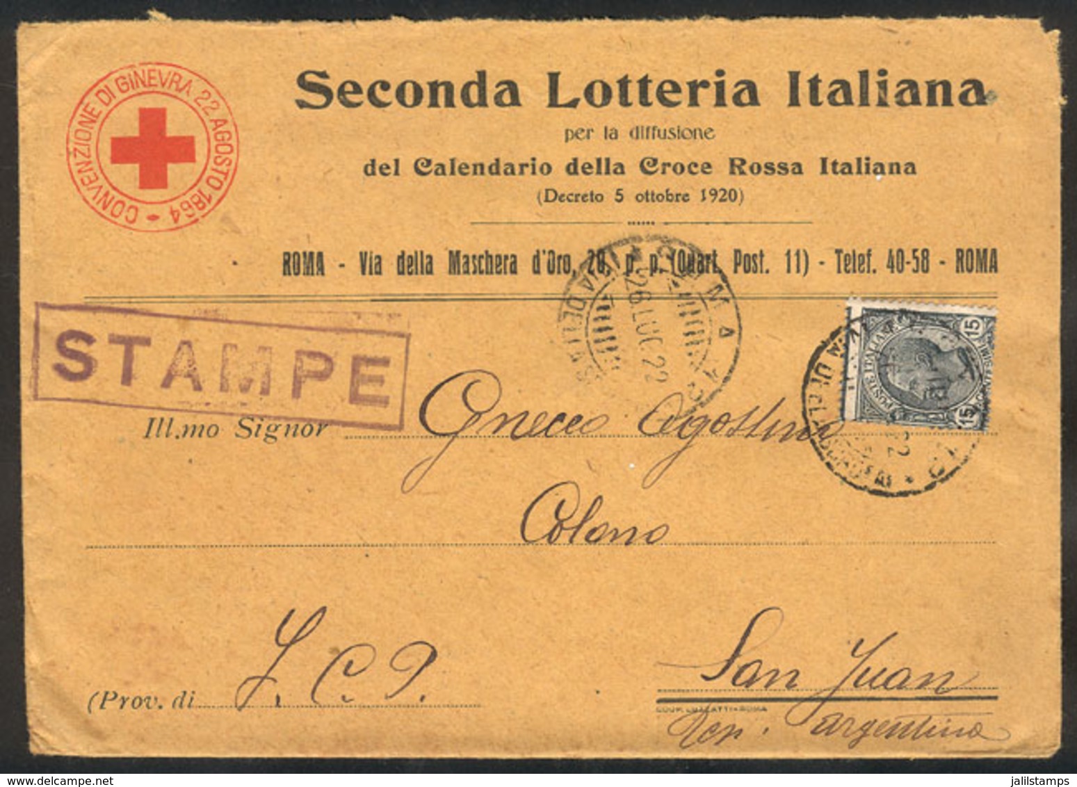 ITALY: Cover With Corner Card Of "Seconda Lotteria Italiana" Sent To Argentina On 26/JUL/1922, Franked With 5c., VF!" - Ohne Zuordnung