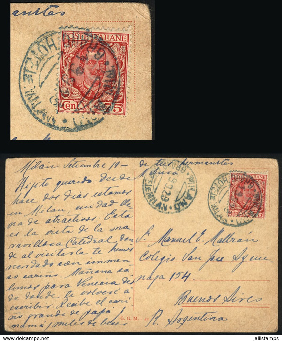 ITALY: Postcard Sent From Milano To Argentina On 19/SE/1929 Franked With 75c., With Blue HOTEL Cancel: MILANO - HOTEL MI - Ohne Zuordnung