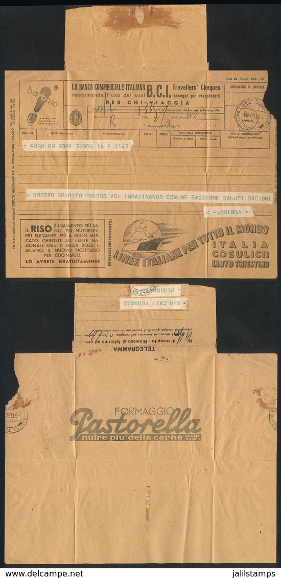 ITALY: Telegram Sent From Roma To Pergolato On 6/FE/1938, With Interesting Printed ADVERTISING: Ships (Cosulich Line, Ll - Non Classés