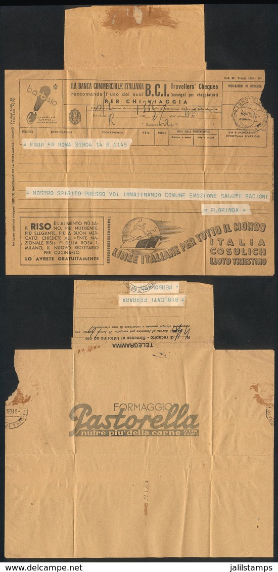 ITALY: Telegram Sent From Roma To Pergolato On 6/FE/1938, With Interesting Printed ADVERTISING: Ships (Cosulich Line, Ll - Non Classificati