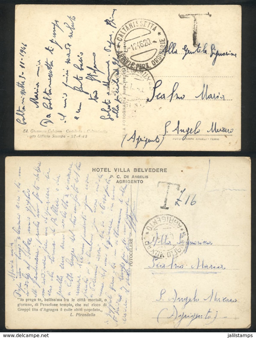 ITALY: 2 Postcards Sent From CALTANISSETTA To S. Angelo Muxaro In DE/1946 Without Postage, With Due Marks, VF Quality, I - Non Classificati