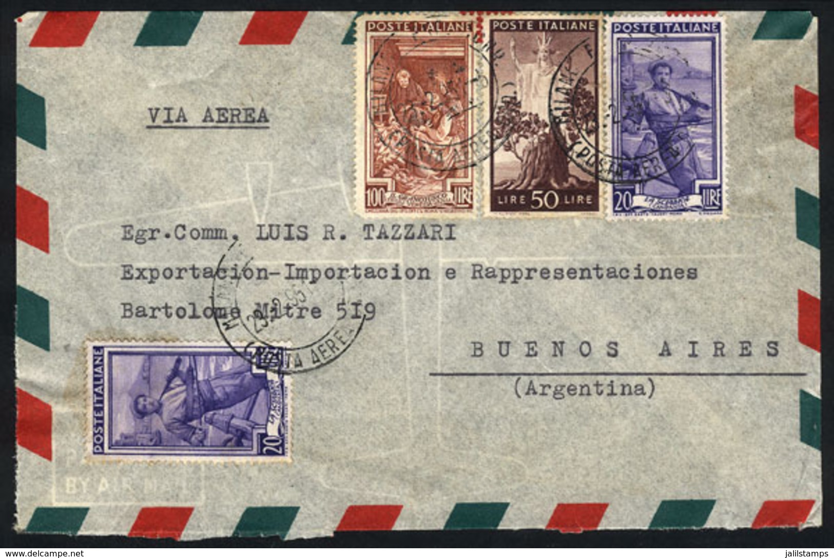 ITALY: Airmail Cover Sent To Argentina On 23/FE/1951 Franked With 190L., Combining Stamps Of The "Democratica" And "Lavo - Unclassified