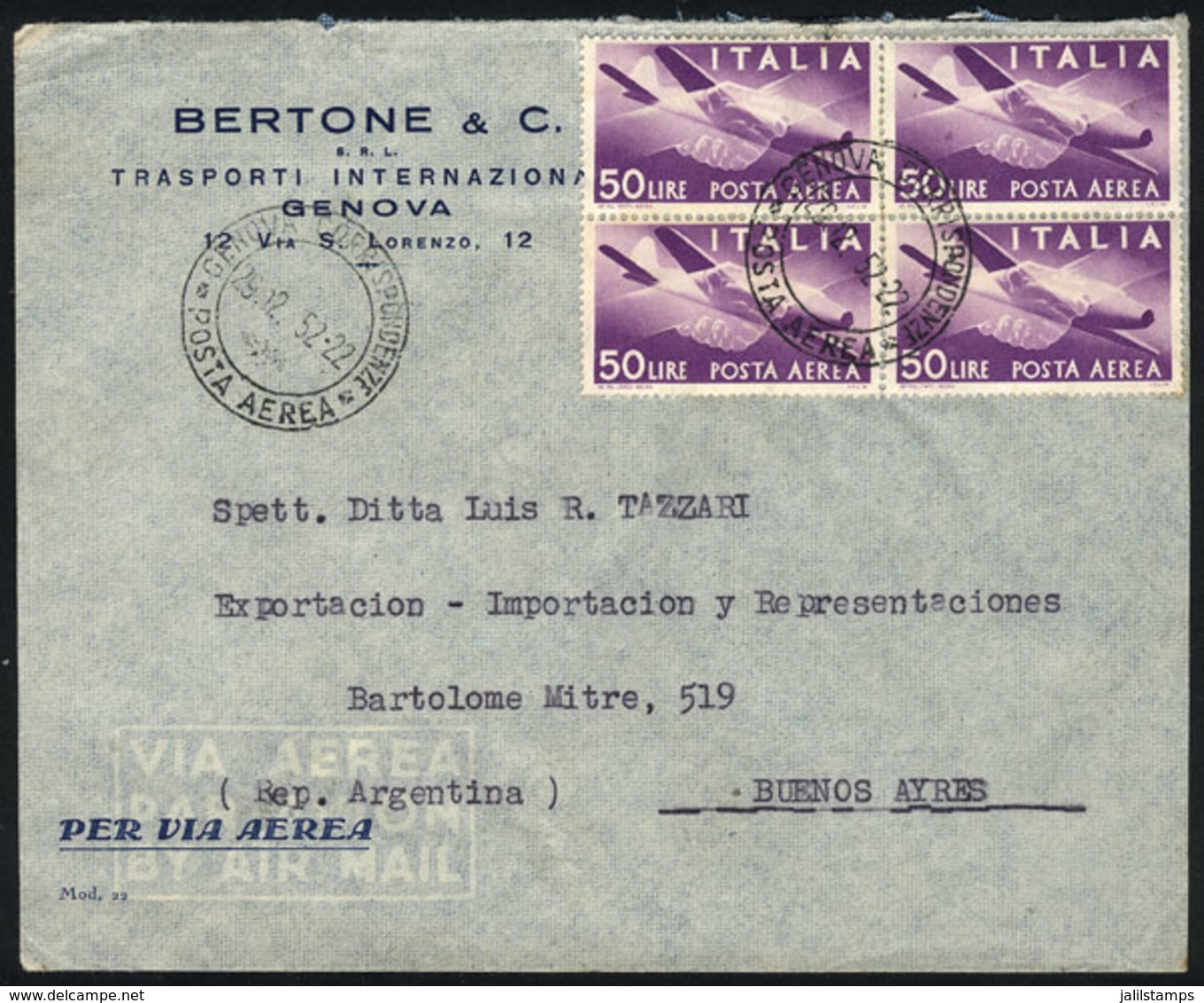 ITALY: Airmail Cover Sent From Genova To Argentina On 29/DE/1952, Franked With Block Of 4 Of Airmail 50L. Violet, VF Qua - Unclassified