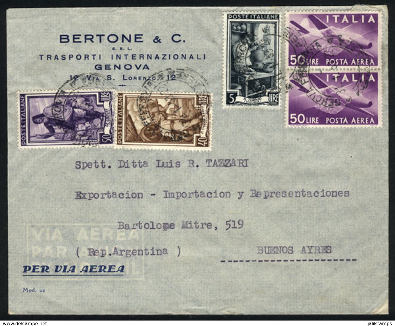ITALY: Airmail Cover Sent From Genova To Argentina On 31/JA/1953, With Nice Postage Of 195L., VF Quality! - Ohne Zuordnung