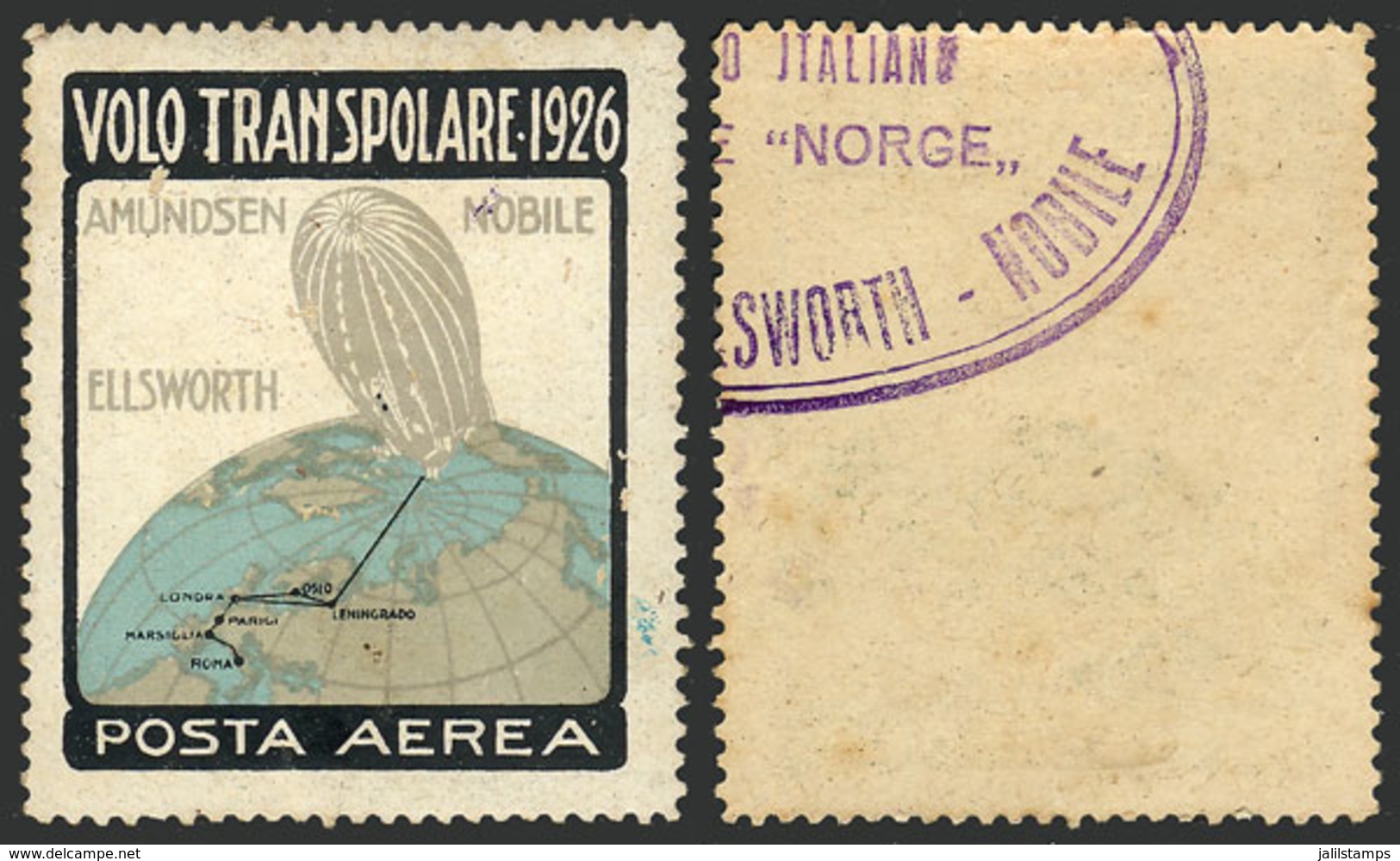 ITALY: Amundsen-Ellsworth 1926 Transpolar Flight, Cinderella With Violet Mark Of Airship "Norge" On Back, Small Stain Sp - Cinderellas