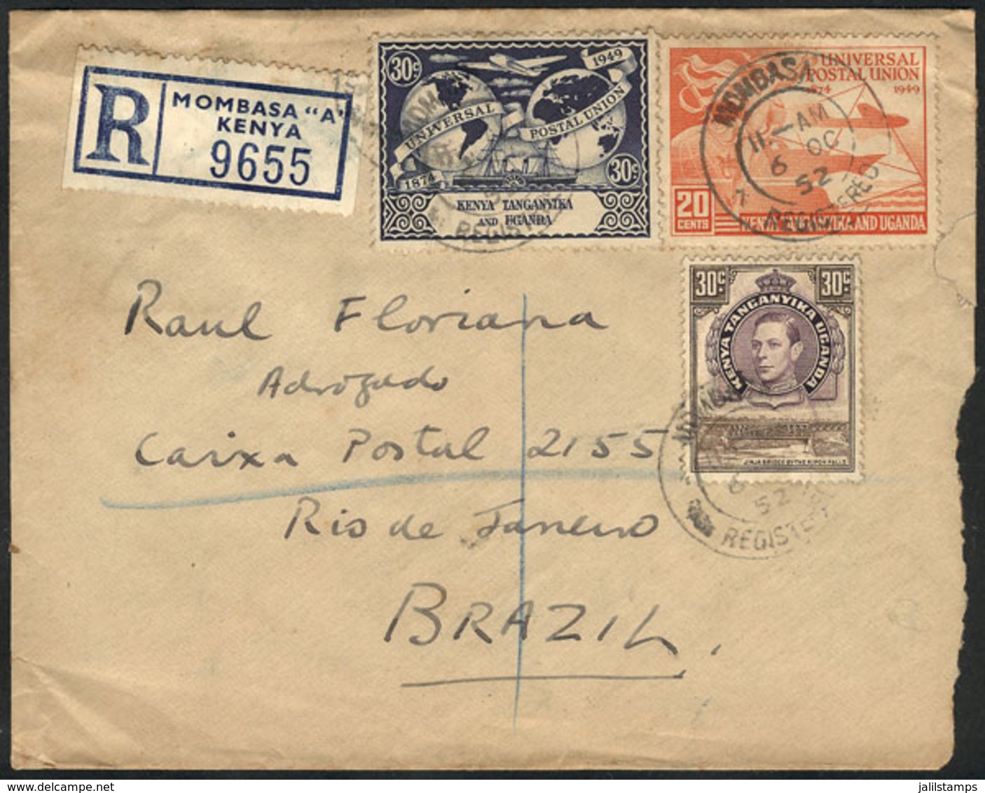 KENYA: Registered Cover Sent From Mombasa To Brazil On 6/OC/1952, Unusual Destination! - Sonstige & Ohne Zuordnung