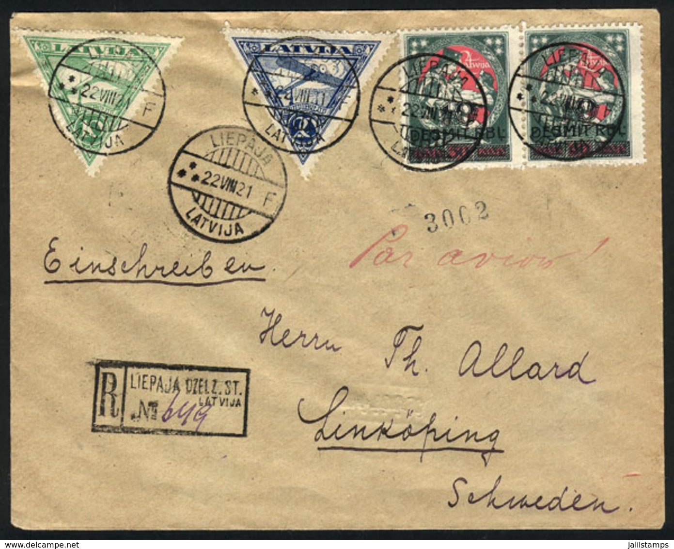 LATVIA: Registered Airmail Cover Sent From Liepaja To Sweden On 22/AU/1921 With Very Nice Postage Including Sc.C1/C2, Ex - Latvia