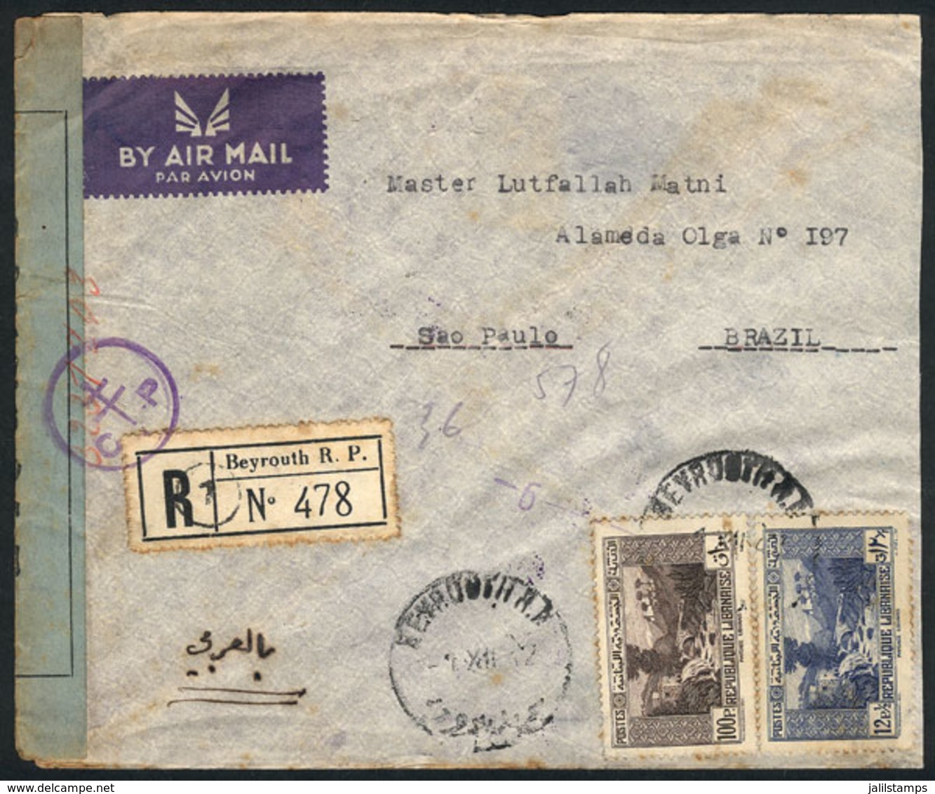 LEBANON: Registered Airmail Cover Sent From Beyrouth To Brazil On 1/DE/1942, Censored, With Arrival Backstamp Of 4/FE/19 - Líbano