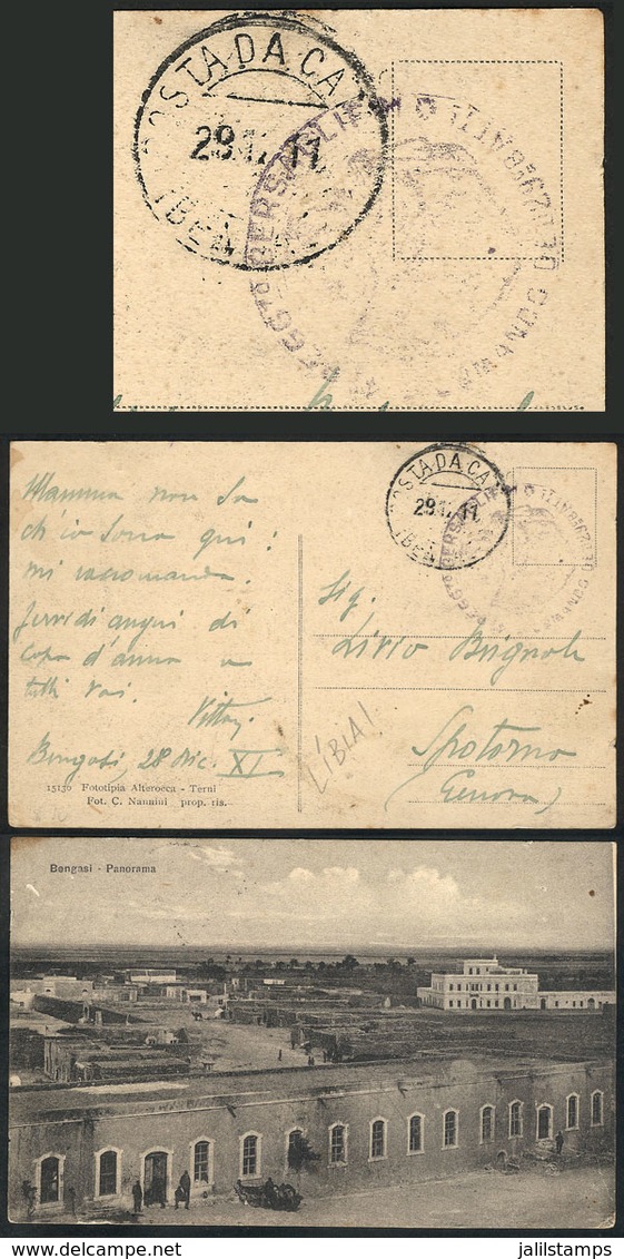 LIBYA: Postcard With View Of Bengasi, Sent By An Italian Soldier To His Mother In Genova On 29/DE/1911, VF Quality! - Libyen