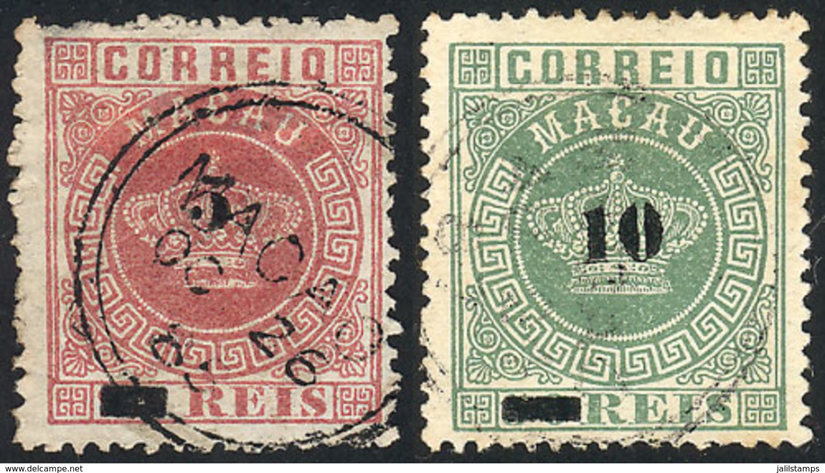 MACAU: Sc.22/23, 1885 Cmpl. Set Of 2 Overprinted Values, Used, Fine Quality (the 5Rs. With Tiny Defect On Back), Catalog - Autres & Non Classés