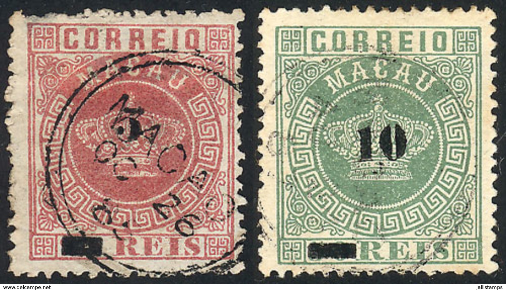 MACAU: Sc.22/23, 1885 Cmpl. Set Of 2 Overprinted Values, Used, Fine Quality (the 5Rs. With Tiny Defect On Back), Catalog - Otros & Sin Clasificación