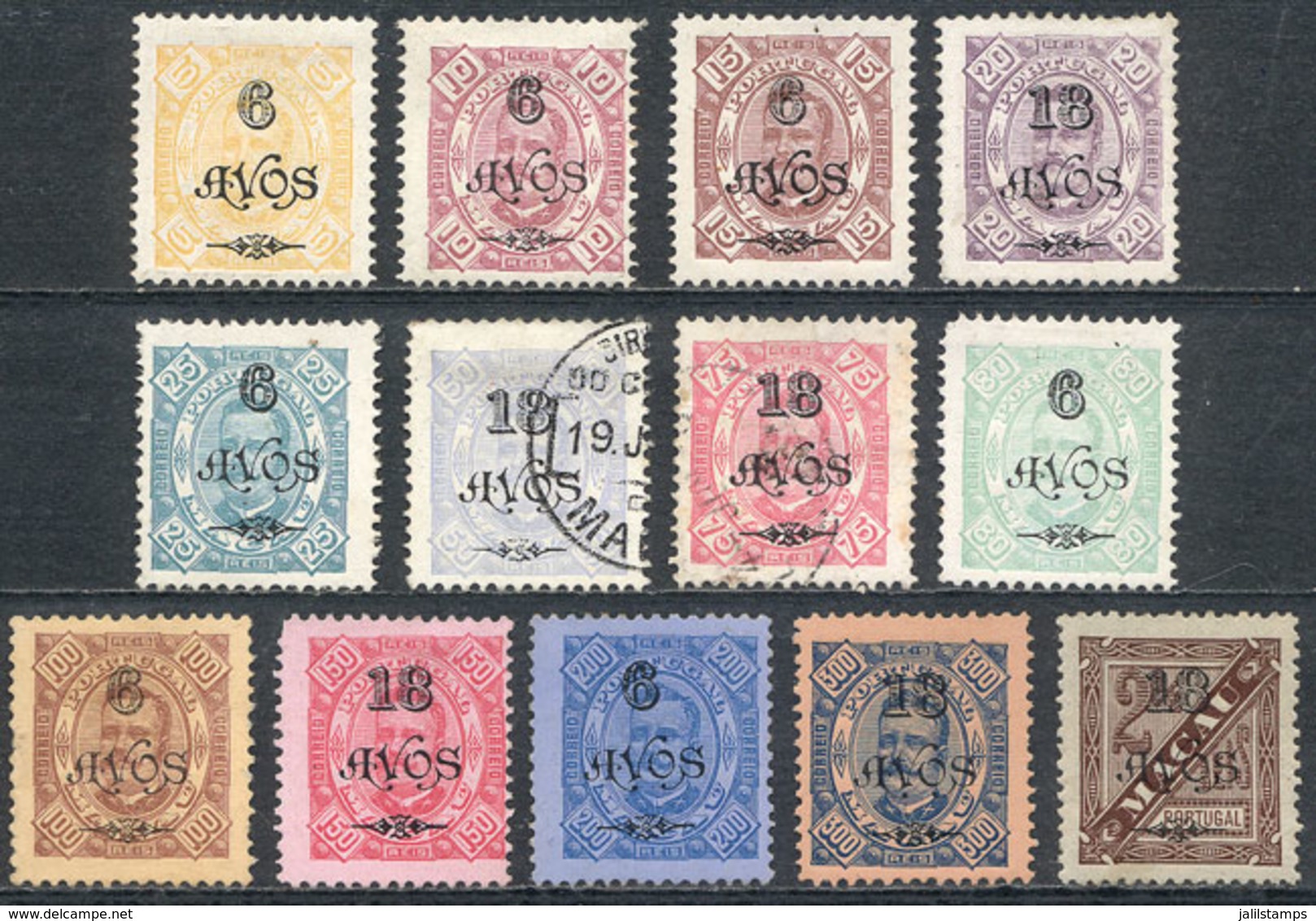 MACAU: Sc.119/131, 1902 Provisionals, Cmpl. Set Of 13 Overprinted Values, Mint No Gum (most Issued Without Gum), 2 Are U - Autres & Non Classés