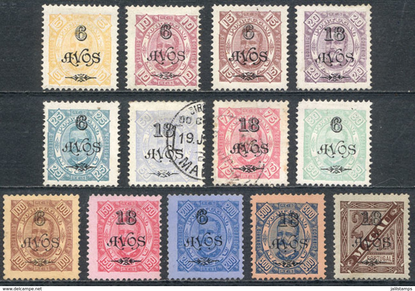 MACAU: Sc.119/131, 1902 Provisionals, Cmpl. Set Of 13 Overprinted Values, Mint No Gum (most Issued Without Gum), 2 Are U - Andere & Zonder Classificatie