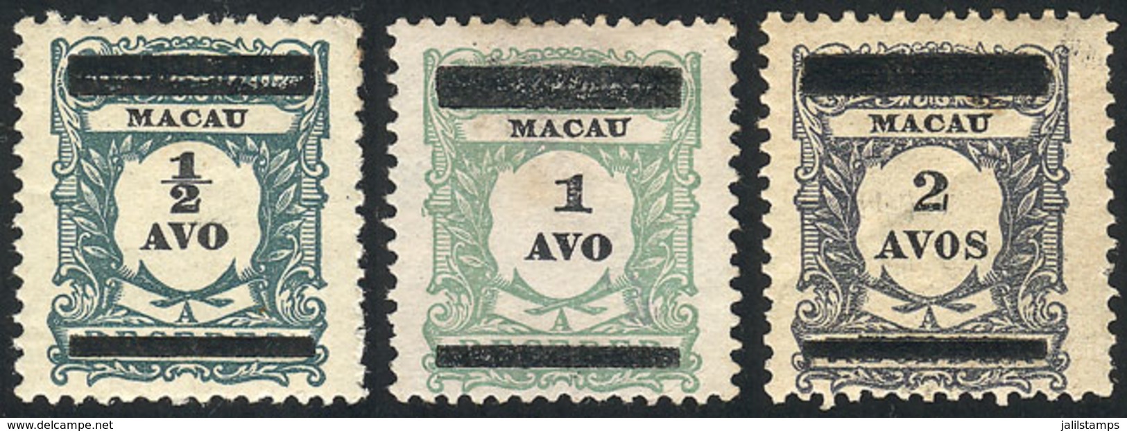 MACAU: Sc.144/146, 1910 Cmpl. Set Of 3 Overprinted Values, VF Quality (Sc.145 Without Gum), Catalog Value US$42. - Autres & Non Classés