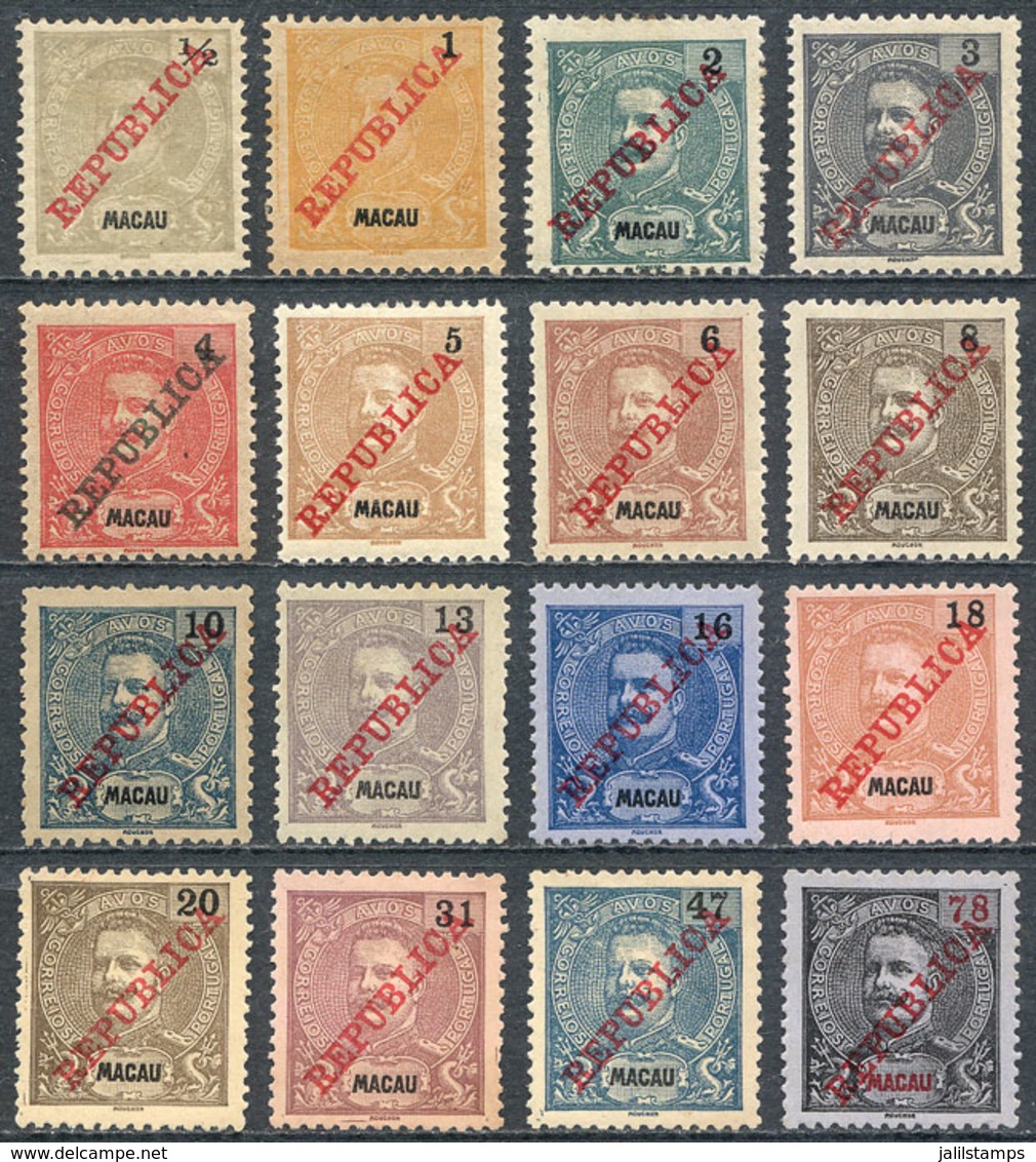 MACAU: Sc.147/157D, 1911 Cmpl. Set Of 16 Values With "REPUBLICA" Overprint Applied In Lisboa, Mint (most Without Gum), V - Autres & Non Classés