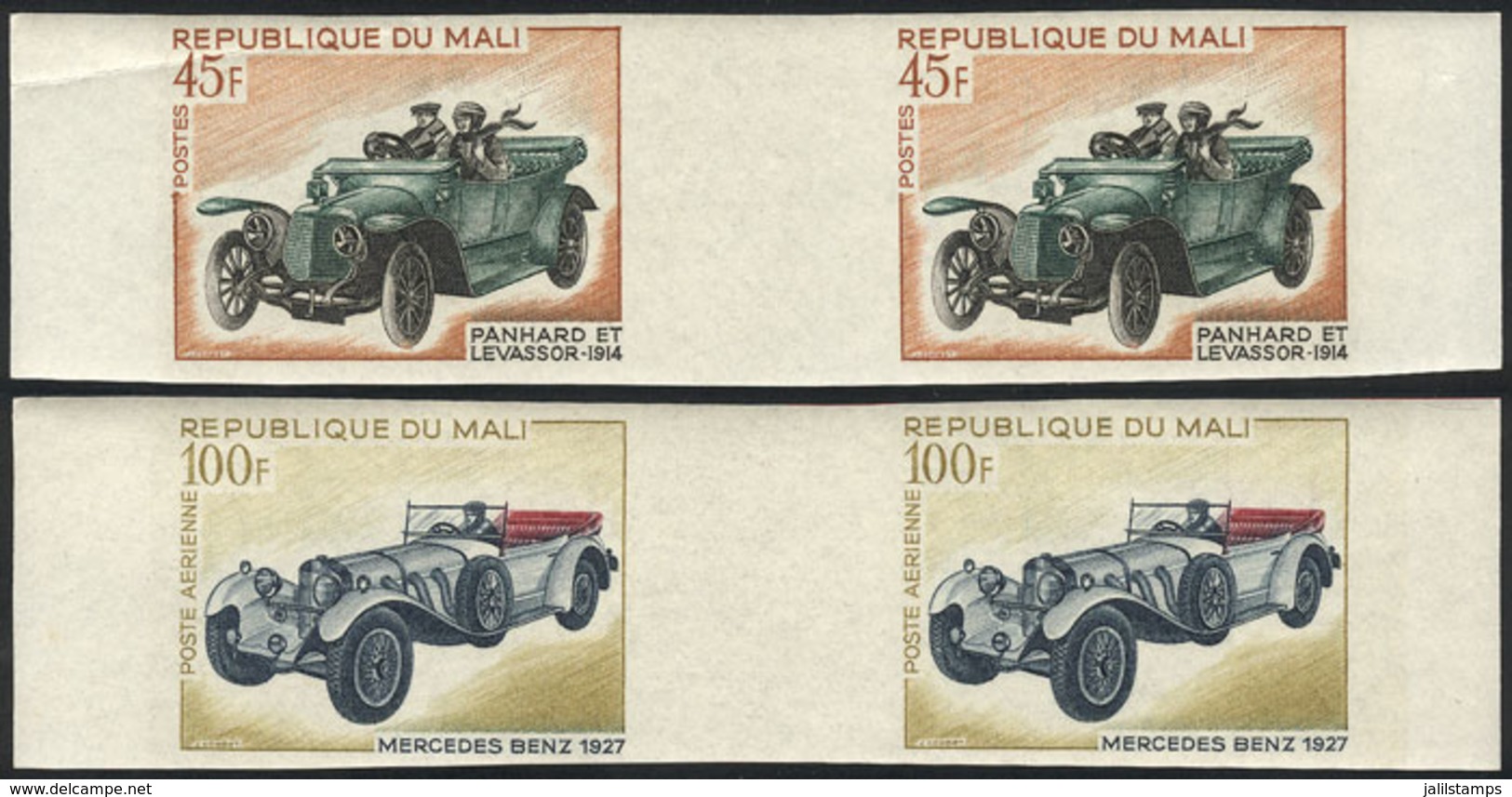 MALI: Yvert 114 + 61, 1968 Old Cars, The 2 High Values Of The Set, IMPERFORATE GUTTER PAIRS, The 45Fr. Value With Minor  - Mali (1959-...)