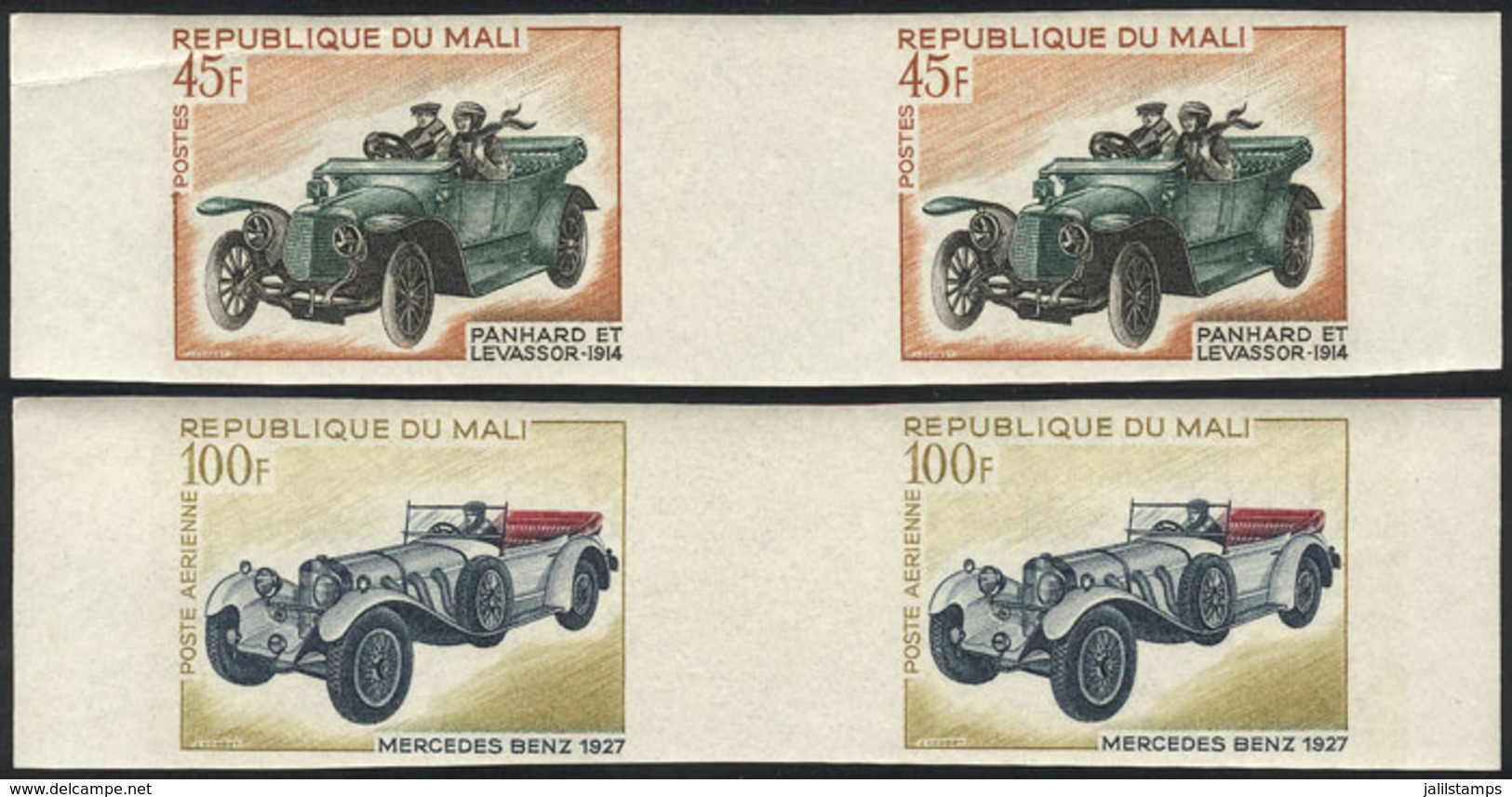 MALI: Yvert 114 + 61, 1968 Old Cars, The 2 High Values Of The Set, IMPERFORATE GUTTER PAIRS, The 45Fr. Value With Minor  - Malí (1959-...)