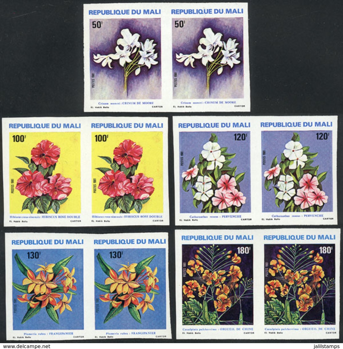 MALI: Yvert 412/416, 1981 Flowers, Complete Set Of 5 Values, IMPERFORATE PAIRS, VF Quality! - Mali (1959-...)