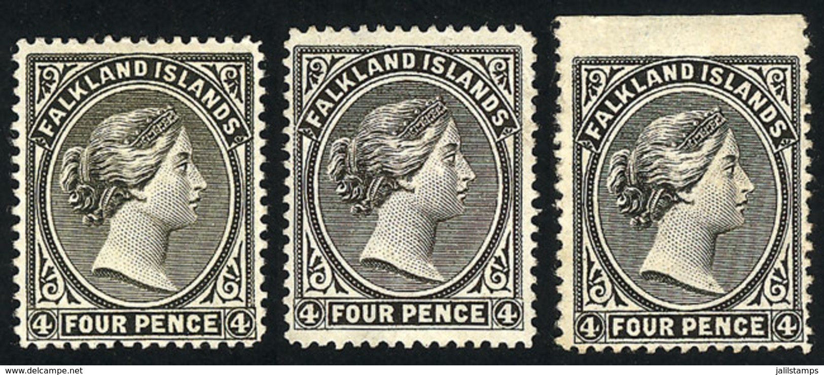 FALKLAND ISLANDS/MALVINAS: Sc.6 + 6a + 6b, 1883/95 Victoria 4p. With Right Watermark, 3 Mint Examples, Colors Olive Gray - Islas Malvinas