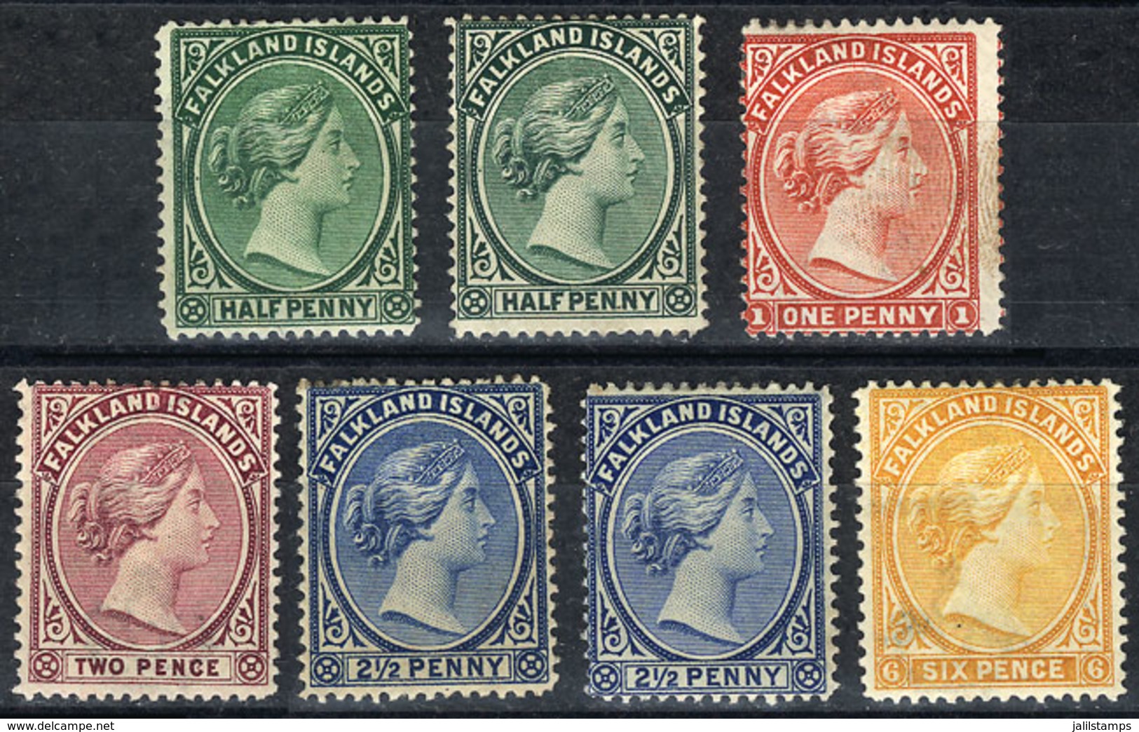 FALKLAND ISLANDS/MALVINAS: Sc.9 + Other Values, 1891/1902 Victoria ½p. To 6p., 7 Mint Examples, Fine To VF Quality, Cata - Falkland Islands