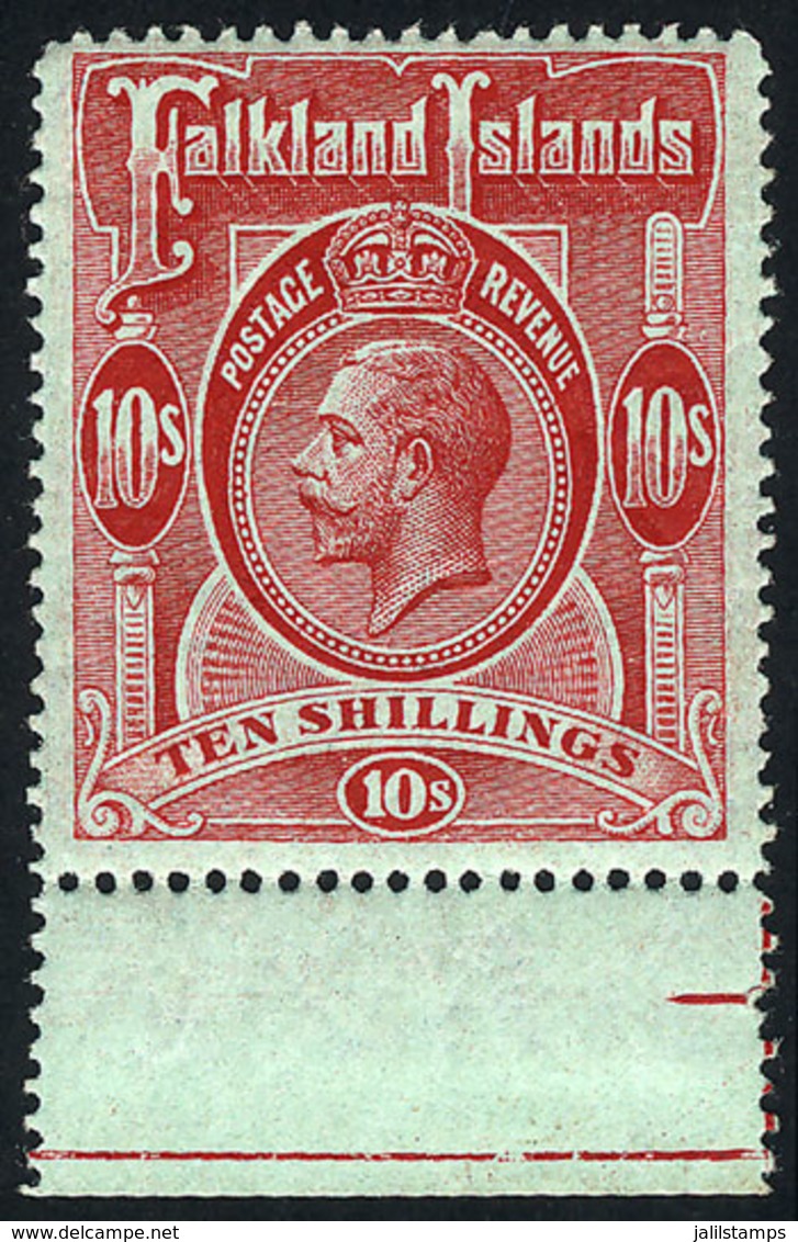 FALKLAND ISLANDS/MALVINAS: Sc.39, 1912 George V 10S., Red On Green Paper, With Sheet Margin Below, MNH, Excellent Qualit - Falkland