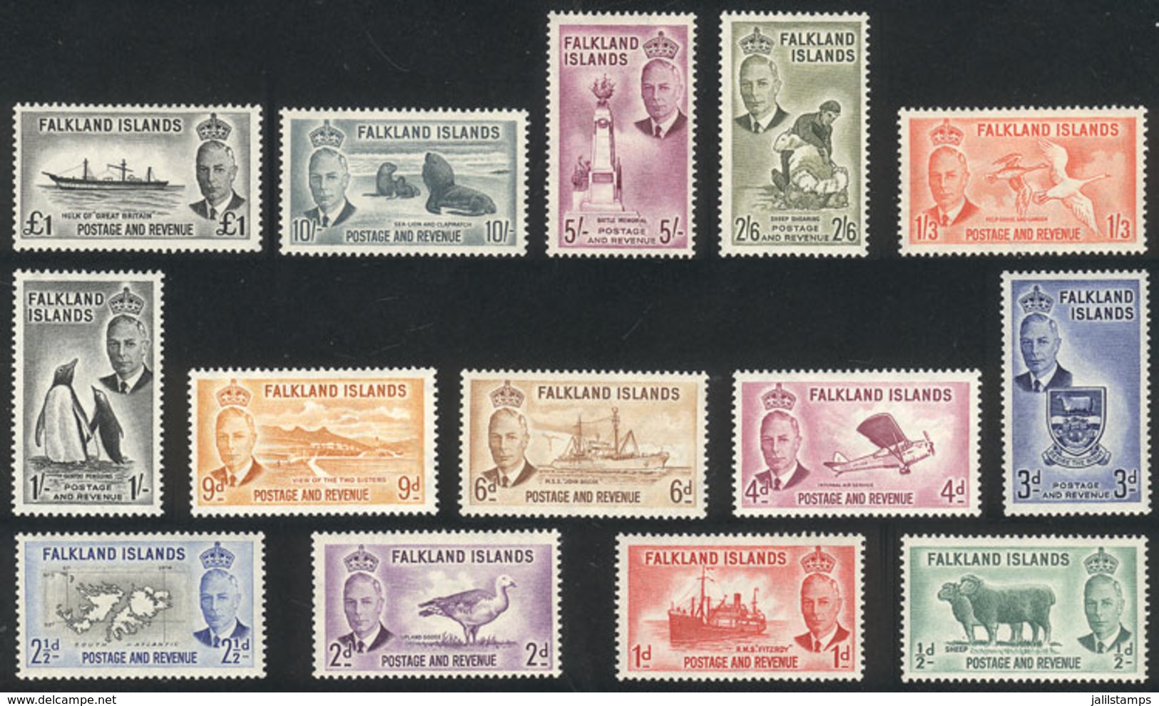 FALKLAND ISLANDS/MALVINAS: Yv.101/114, 1952 Animals, Birds, Ships, Etc., Cmpl. Set Of 14 Values, Mint Very Lightly Hinge - Islas Malvinas