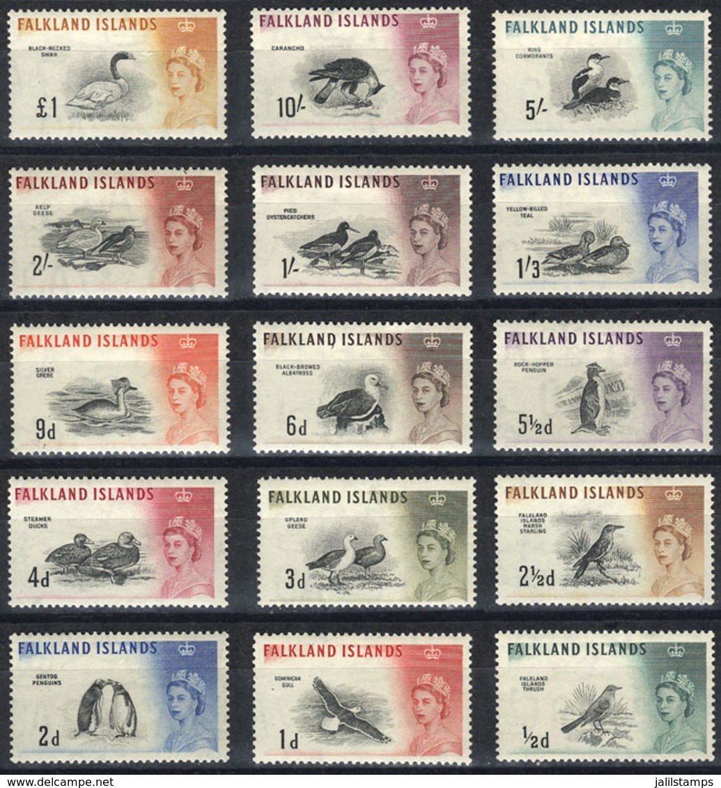 FALKLAND ISLANDS/MALVINAS: Sc.128/142, 1960 Birds, Cmpl. Set Of 15 Values, Mint Very Lightly Hinged, VF Quality, Catalog - Islas Malvinas