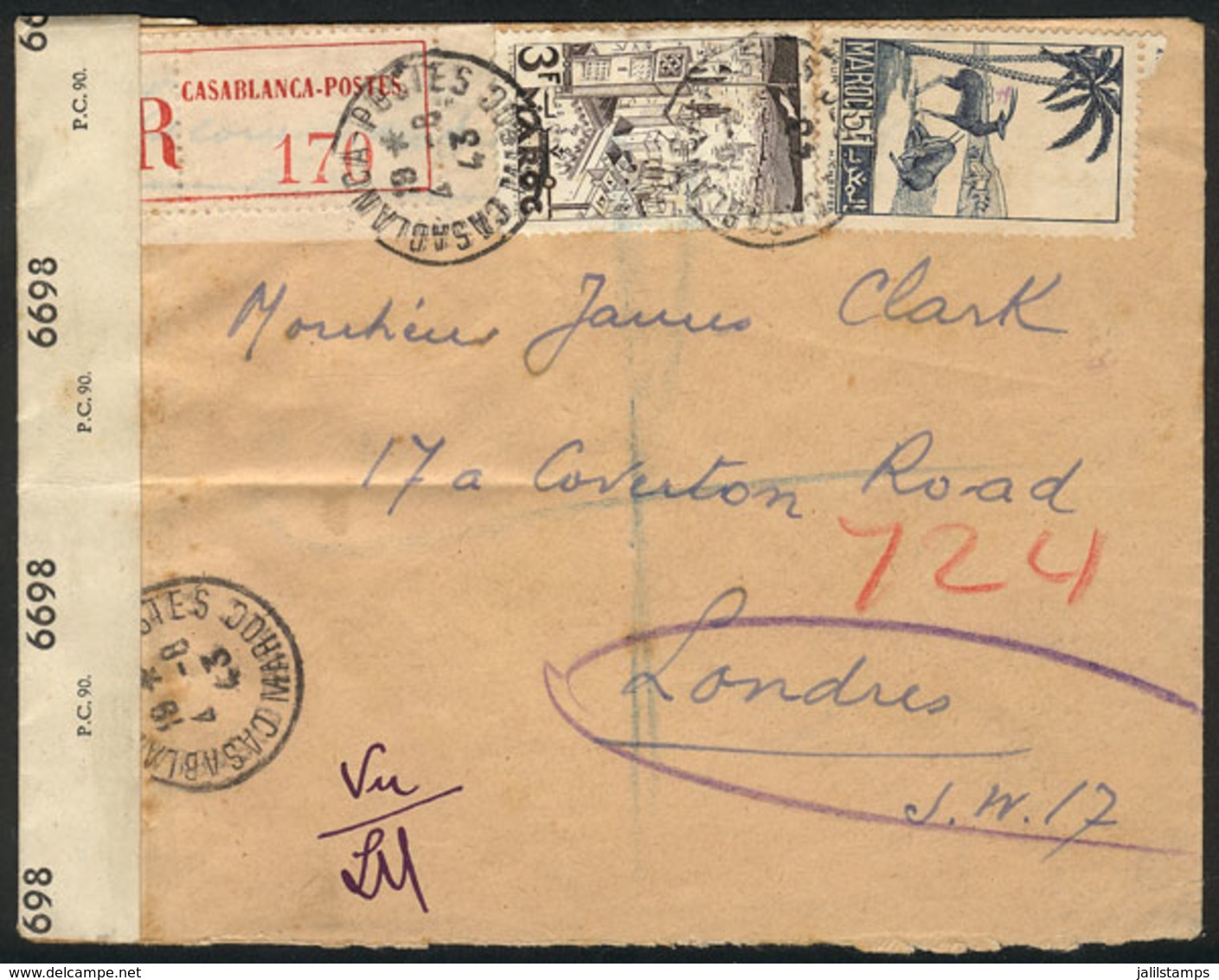 FRENCH MOROCCO: Registered Cover Sent From Casablanca To London On 4/AU/1943, With British Censor Label, VF Quality! - Autres & Non Classés
