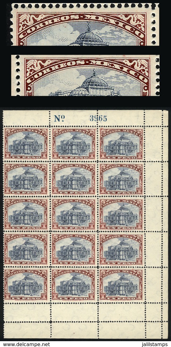 MEXICO: Sc.649 + 649a, 1923 1P. Naciones Theater, Beautiful Block Of 15 (right Part Of The Sheet), 12 Stamps Are Type I  - México