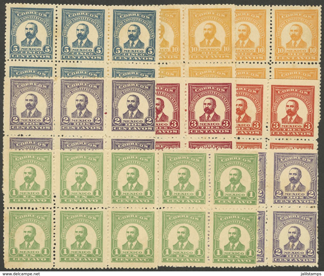 MEXICO: 1915 President Madero Unissued Stamps, Cmpl. Set Of 5 Values In MNH Blocks Of 6, Most Values In Two Different Co - Mexiko