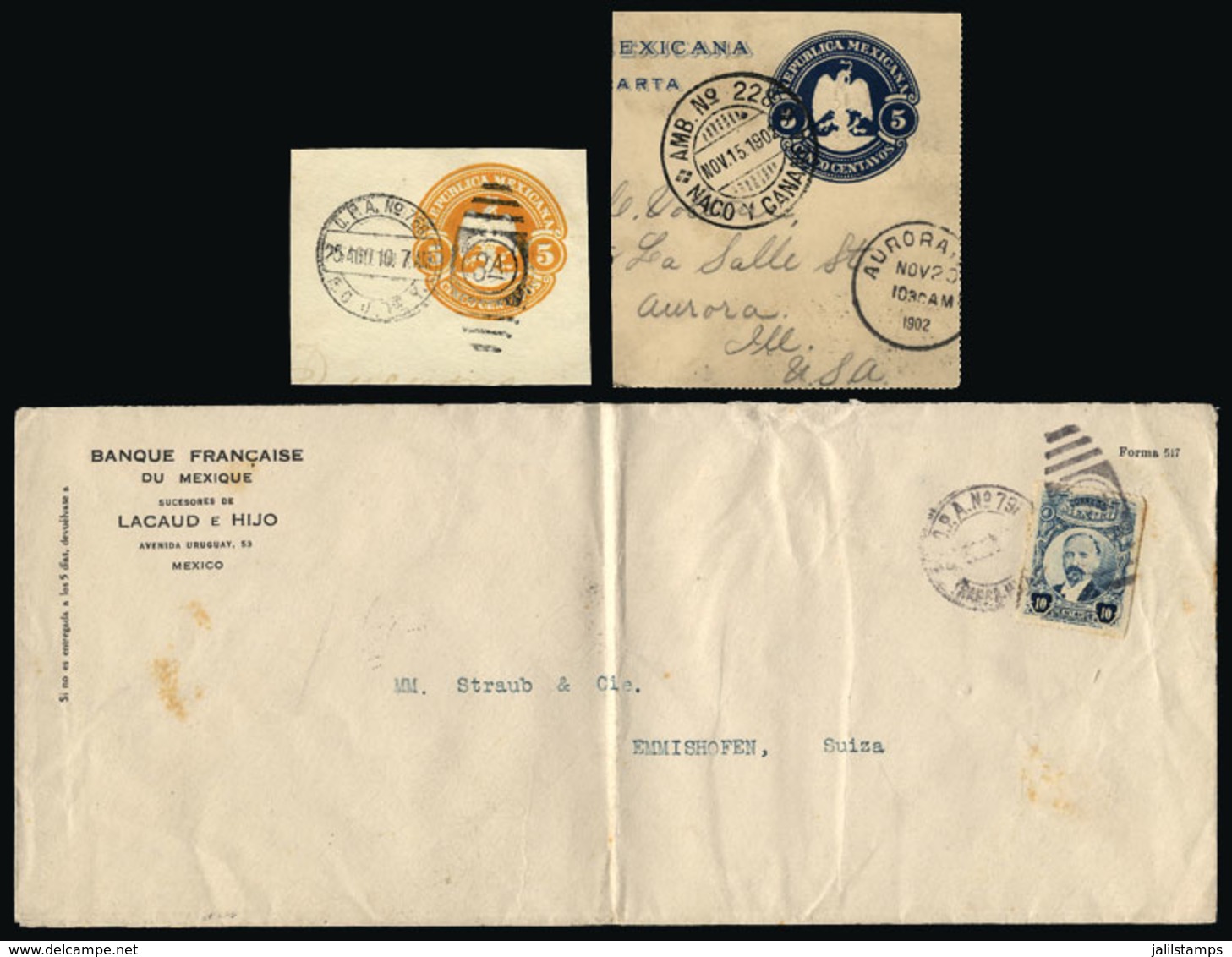 MEXICO: Cover Sent To Switzerland In 1921 + 2 Fragments Of 1902 And 1910, All With TRAVELLING PO Cancels, VF Quality! - México