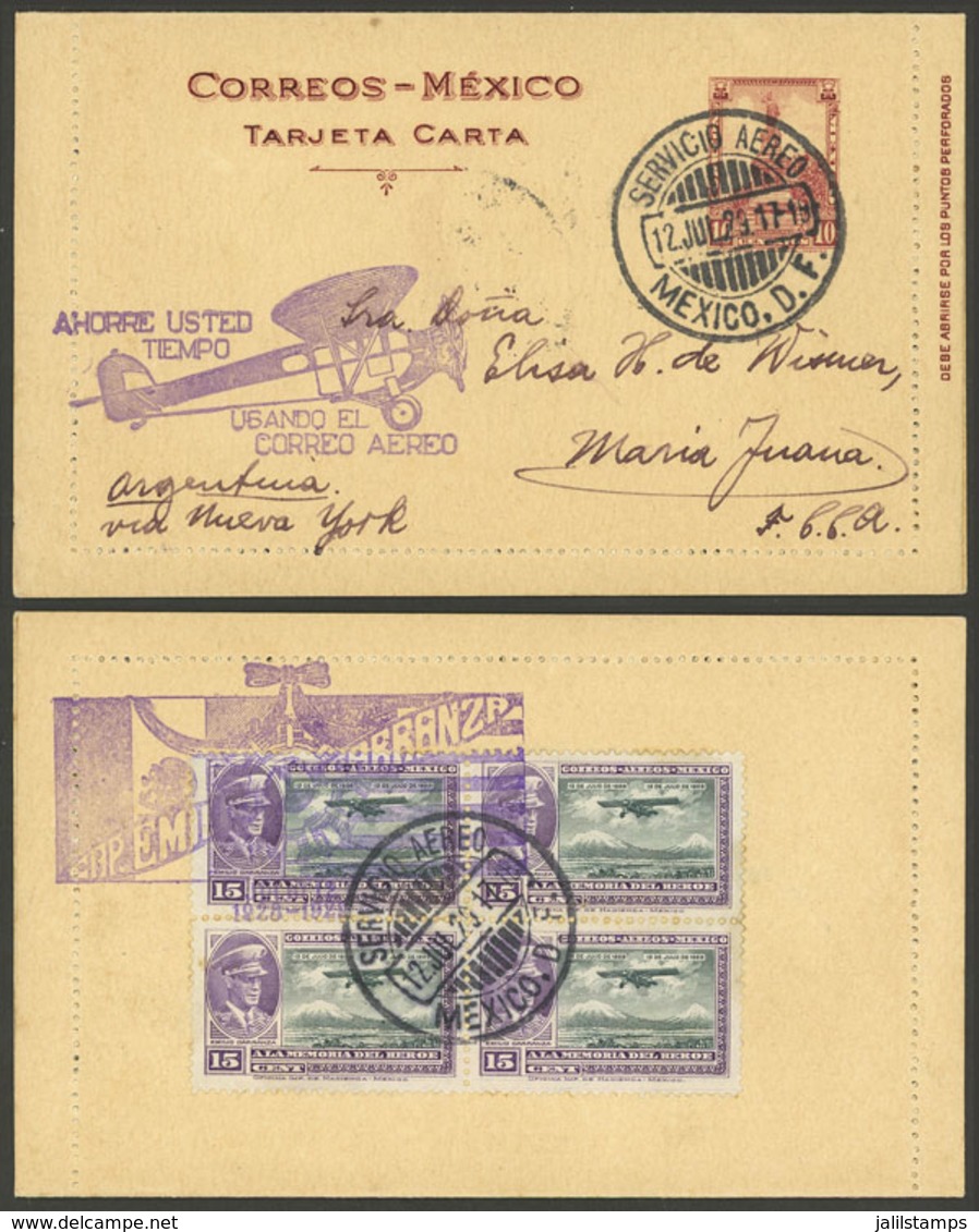 MEXICO: 12/JUL/1929 Mexico - María Juana (Argentina), Airmail Card "via New York", With Special Violet Marks On Front An - Mexico
