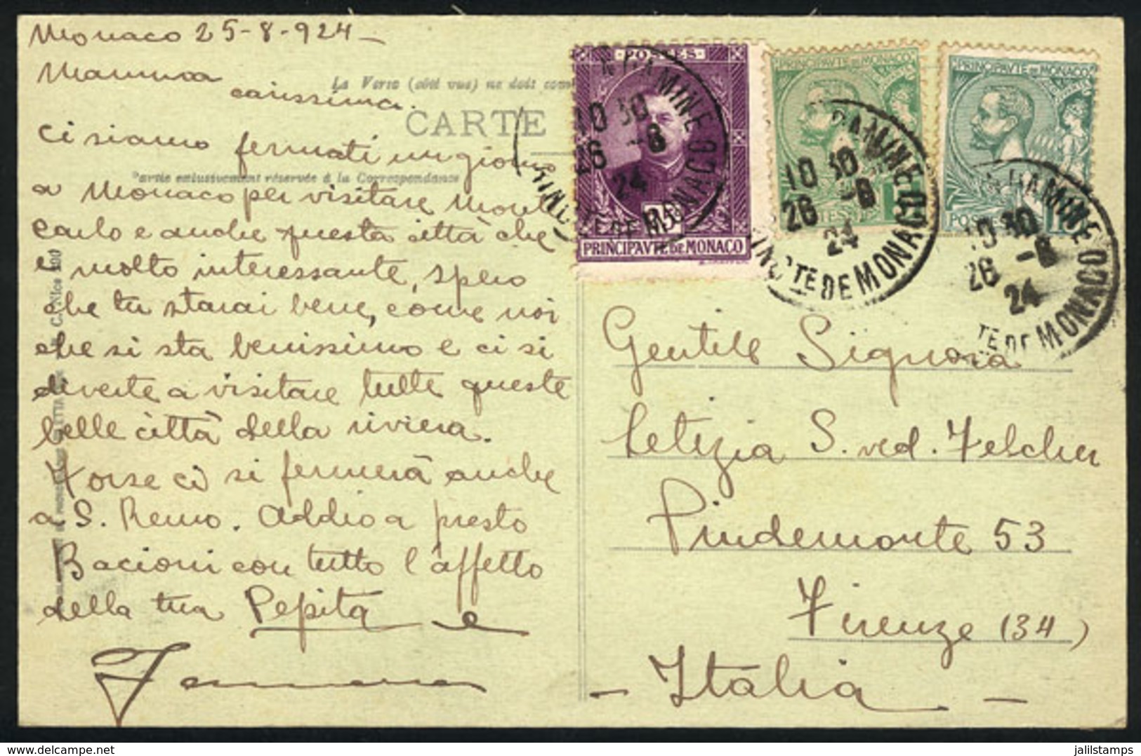 MONACO: Postcard Sent To Italy On 26/AU/1924, Nice Postage, VF Quality! - Other & Unclassified