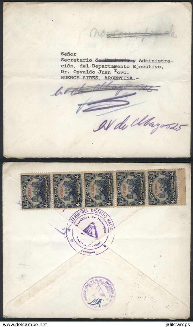 NICARAGUA: Official Cover Franked On Reverse With Strip Of 5 Of 4c. Dark Blue (total 20c.), Sent From Managua To Argenti - Nicaragua
