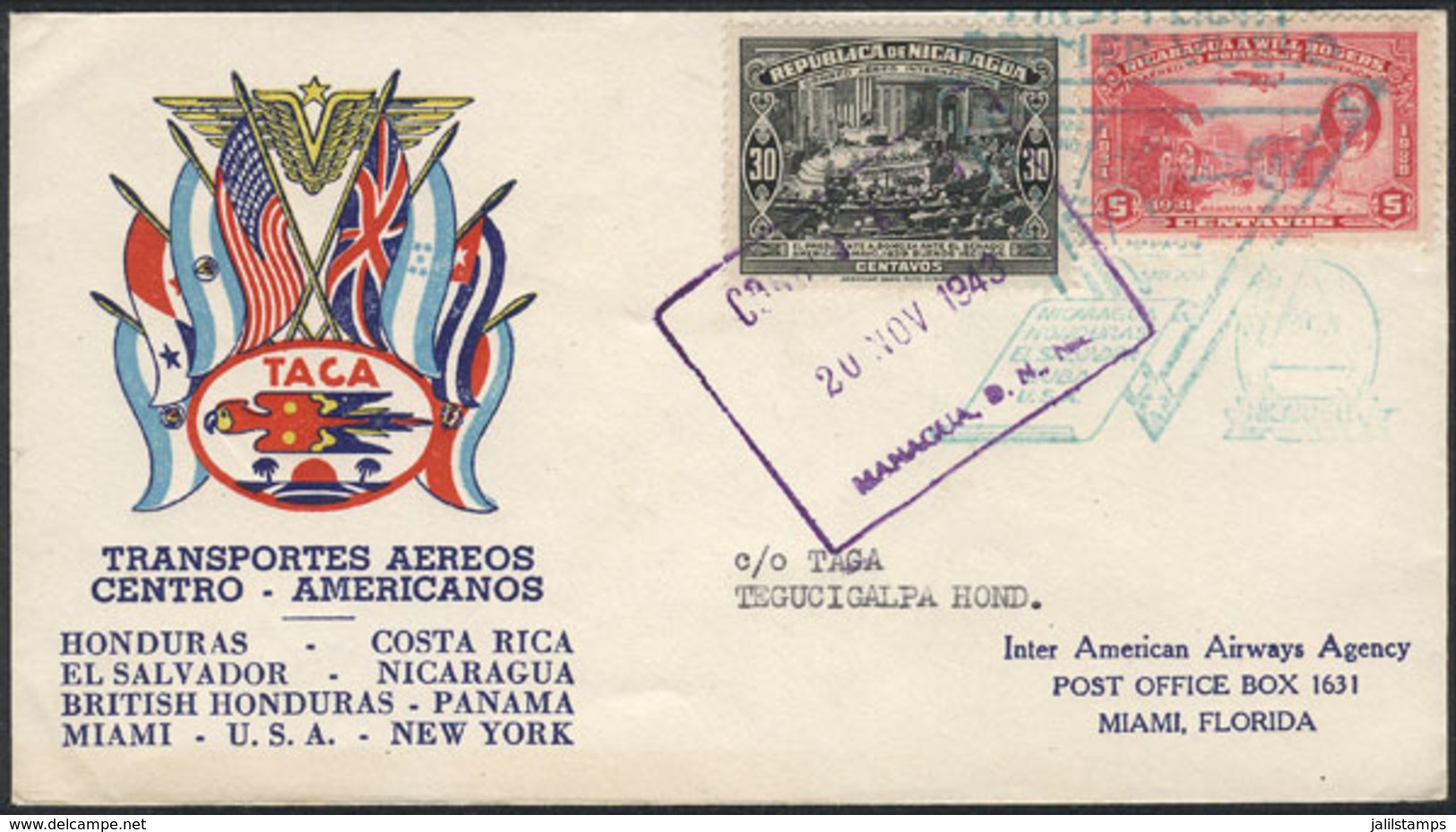 NICARAGUA: 20/NO/1943 First Flight Managua-Tegucigalpa (Honduras)by TACA, Very Fine Quality! - Nicaragua