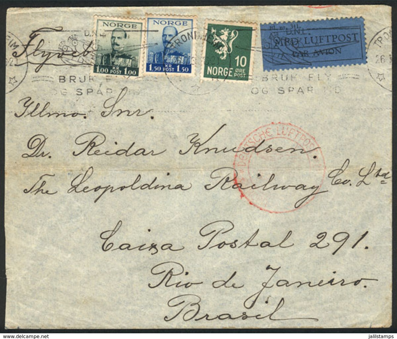 NORWAY: Airmail Cover Sent From Trondheim To Brazil On 26/JUL/1938 Via Germany DLH, Very Interesting! - Autres & Non Classés