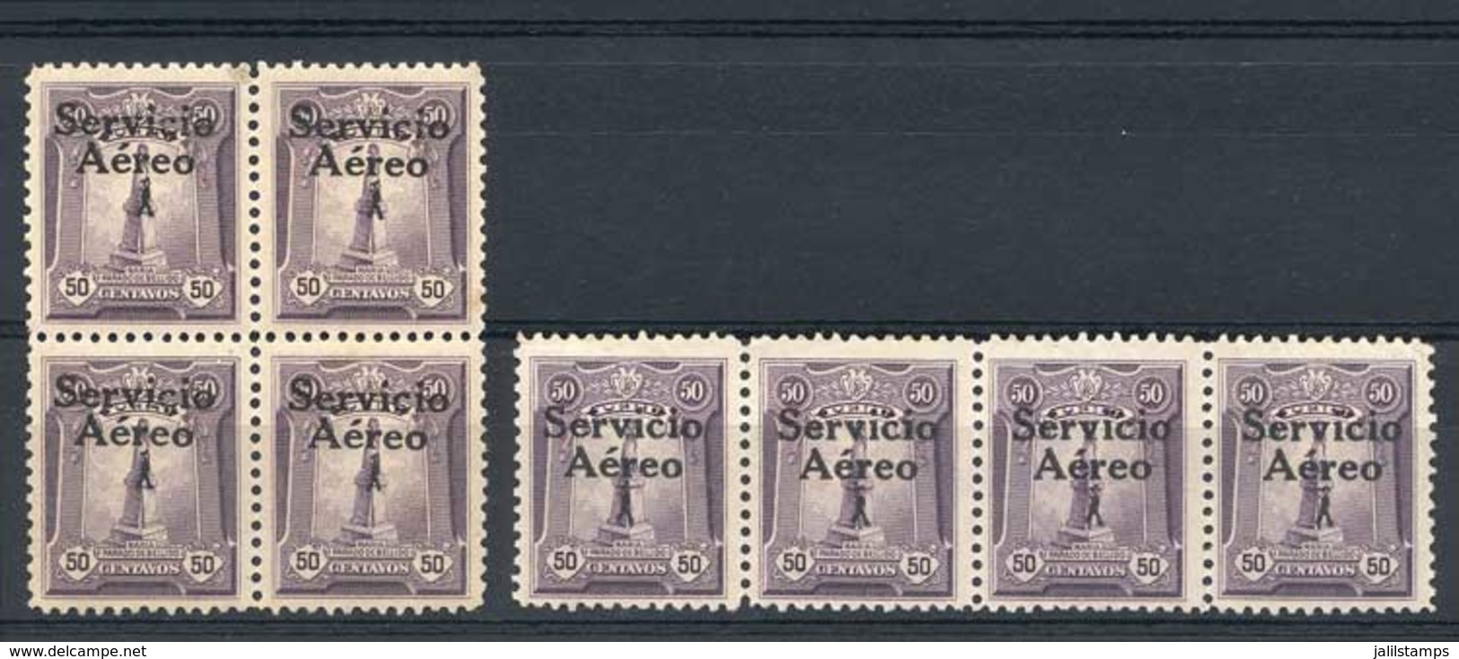 PERU: Yvert 1, "El Marinerito", 1927 50c., Block Of 4 Of FIRST PRINTING And Strip Of 4 Of The SECOND Printing, VF Qualit - Perù