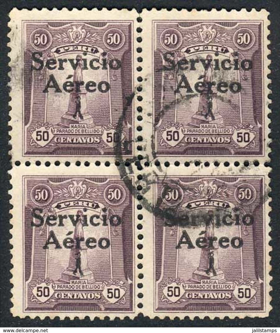 PERU: Yvert 1, "El Marinerito", 1927 50c. SECOND PRINTING, Very Rare Used BLOCK OF 4, Excellent Quality!" - Perú