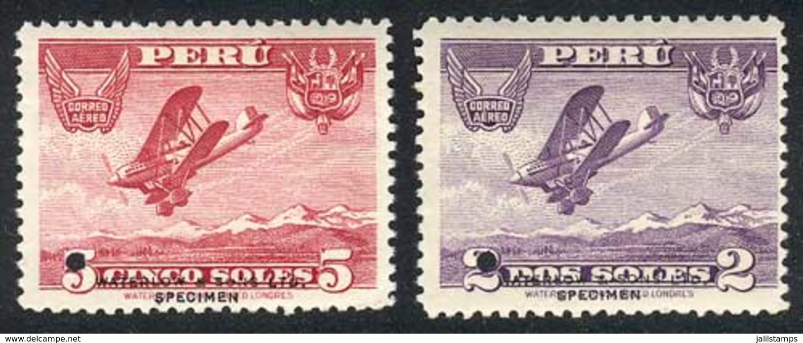 PERU: Yvert 4/5, 1934 Biplane, Set Of 2 Values, Proofs In Different Colors With Little Punch Hole On The Left Face Value - Pérou