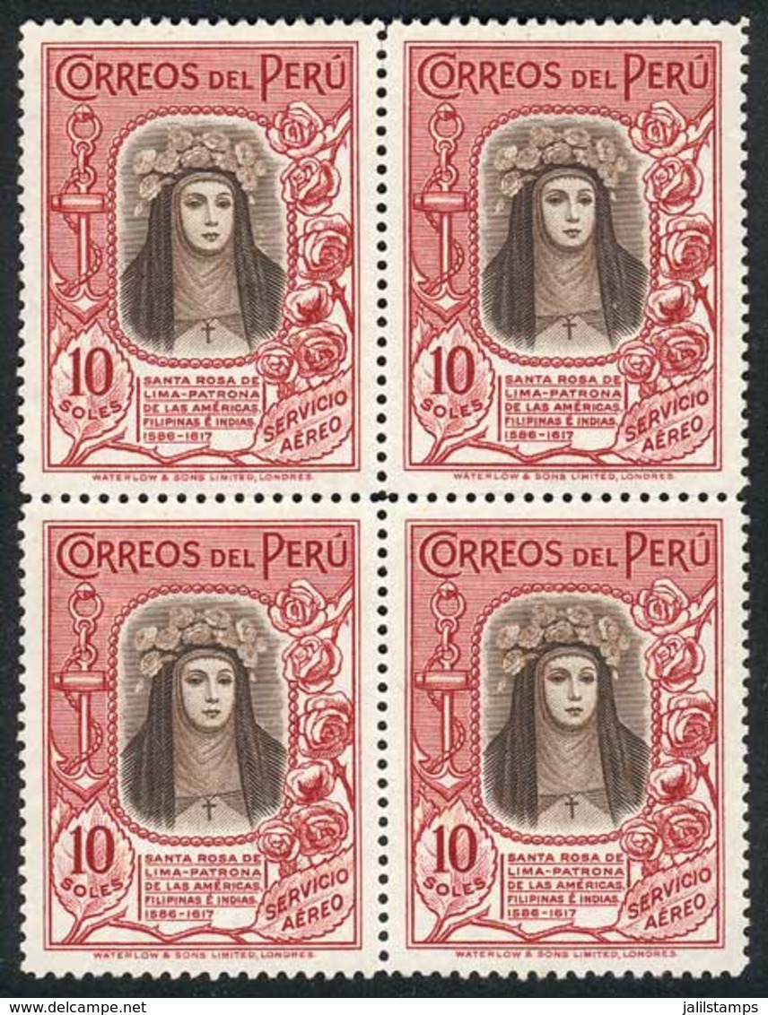 PERU: Yvert 28, 1936/7 10S. Santa Rosa De Lima, BLOCK OF 4 Mint Without Gum, Very Fine Quality, Catalog Value Euros 1,06 - Perù