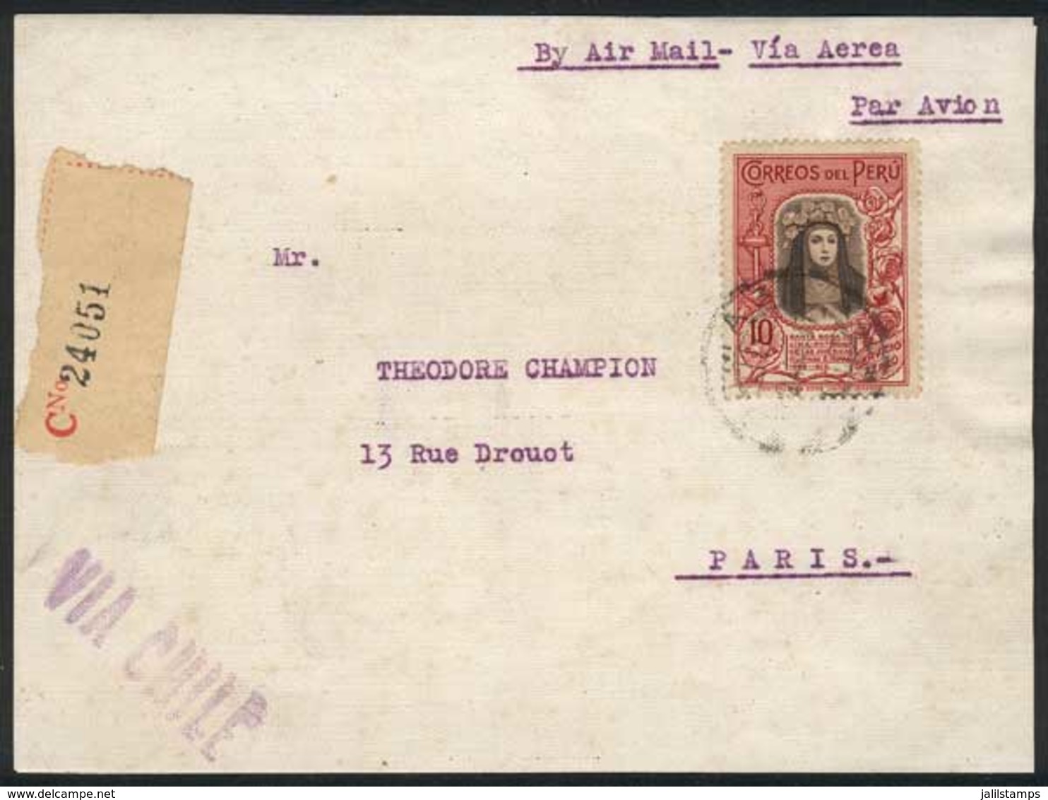 PERU: Registered Airmail Cover Franked By Yvert 28 (10S. Santa Rosa De Lima) + Other Values, Sent From Lima To Paris On  - Perù