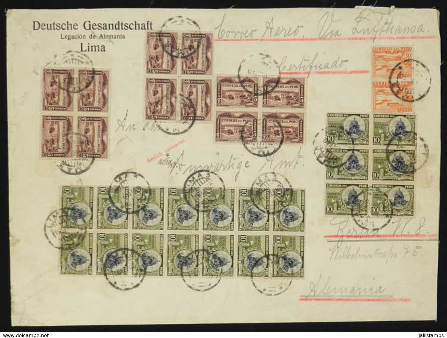 PERU: Yvert 61, 1938 10S. Crypt Of The Heroes, 20 Examples (blocks Of 6 And 14) + 60 X12 + 53 X2, On A Large Registered  - Perú