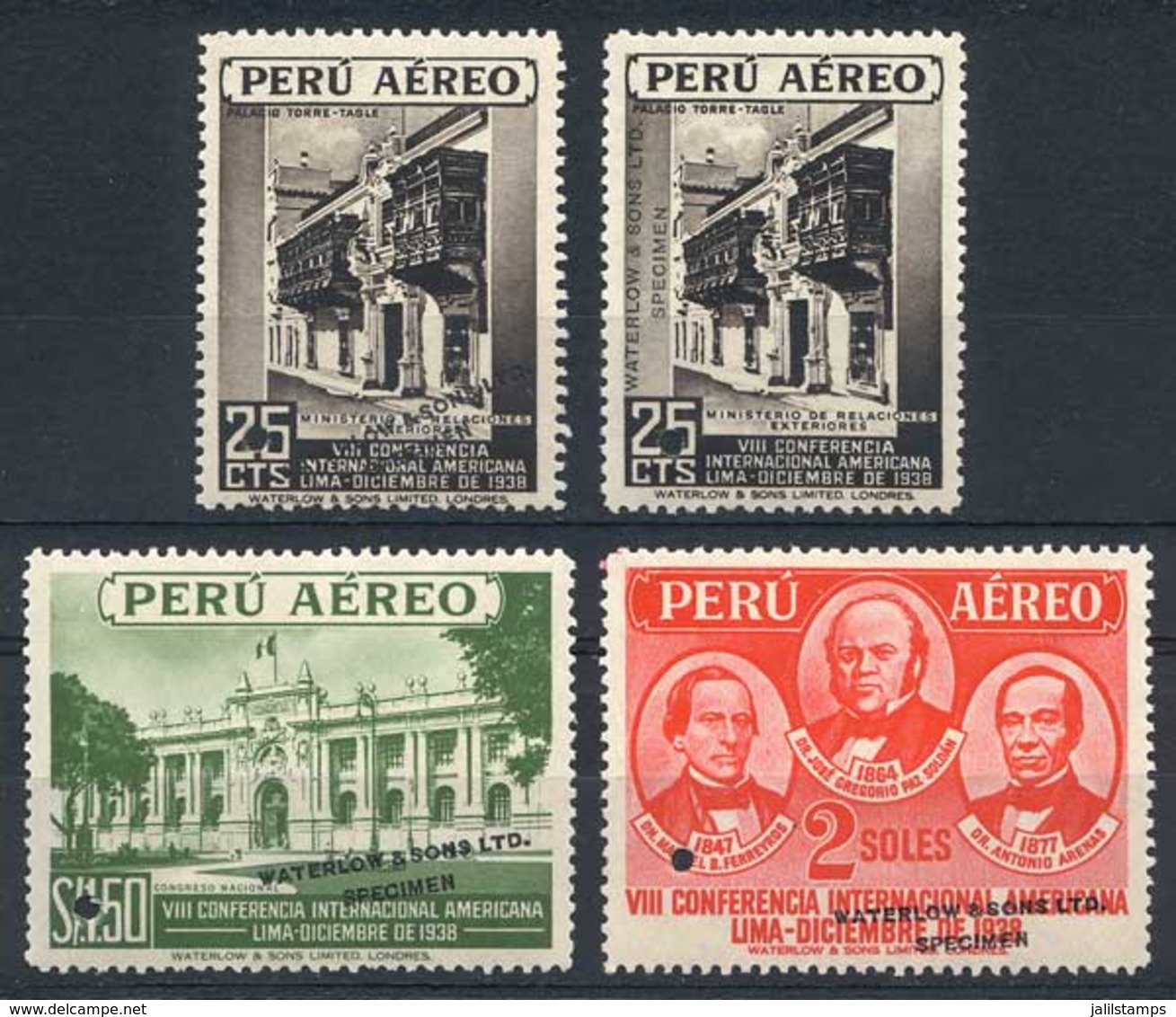 PERU: Yvert 62/64, 1938 Panamerican Congress, 4 Stamps With Little Punch Cancel And Overprinted "WATERLOW & SONS LTD - S - Pérou